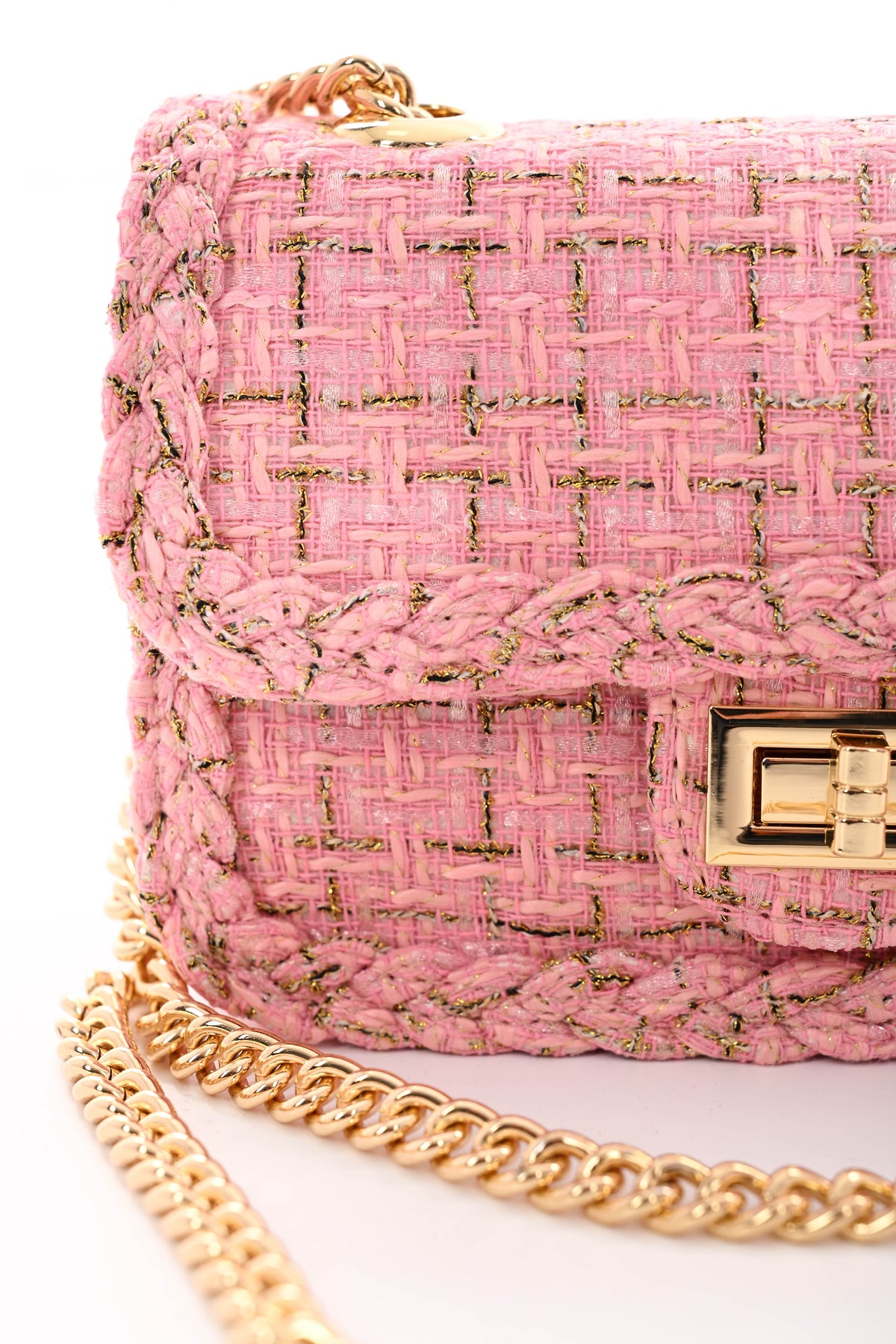 Schoudertas met lurex en vlecht detail lichtroze