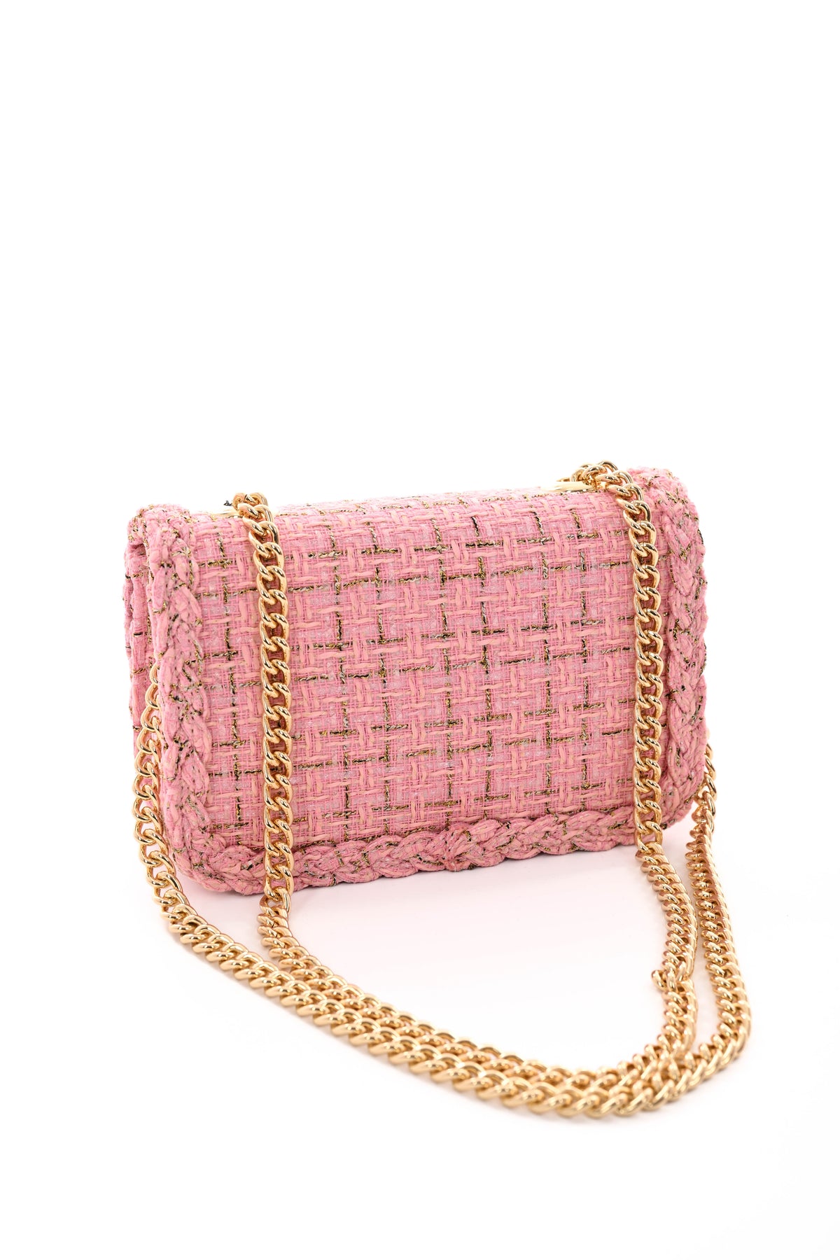 Schoudertas met lurex en vlecht detail lichtroze