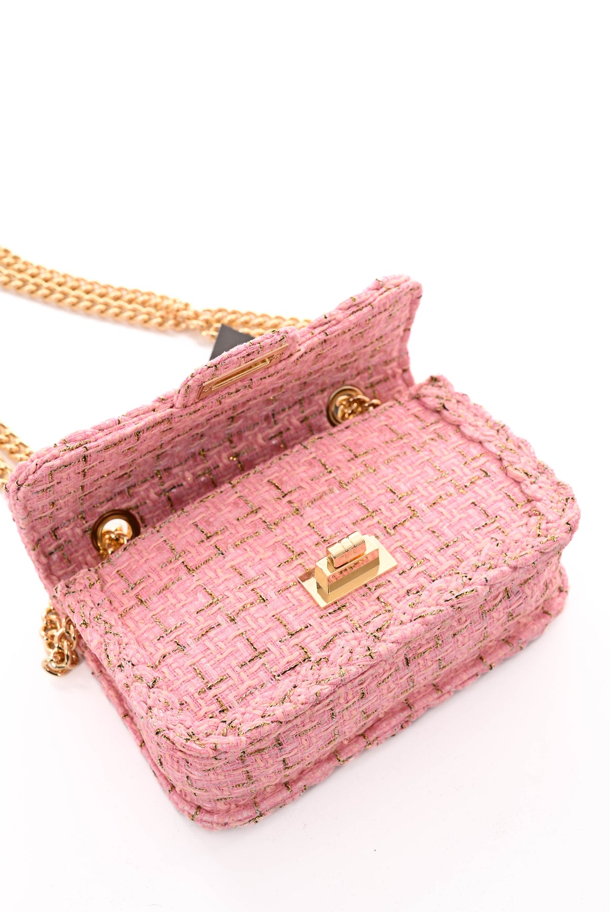 Schoudertas met lurex en vlecht detail lichtroze