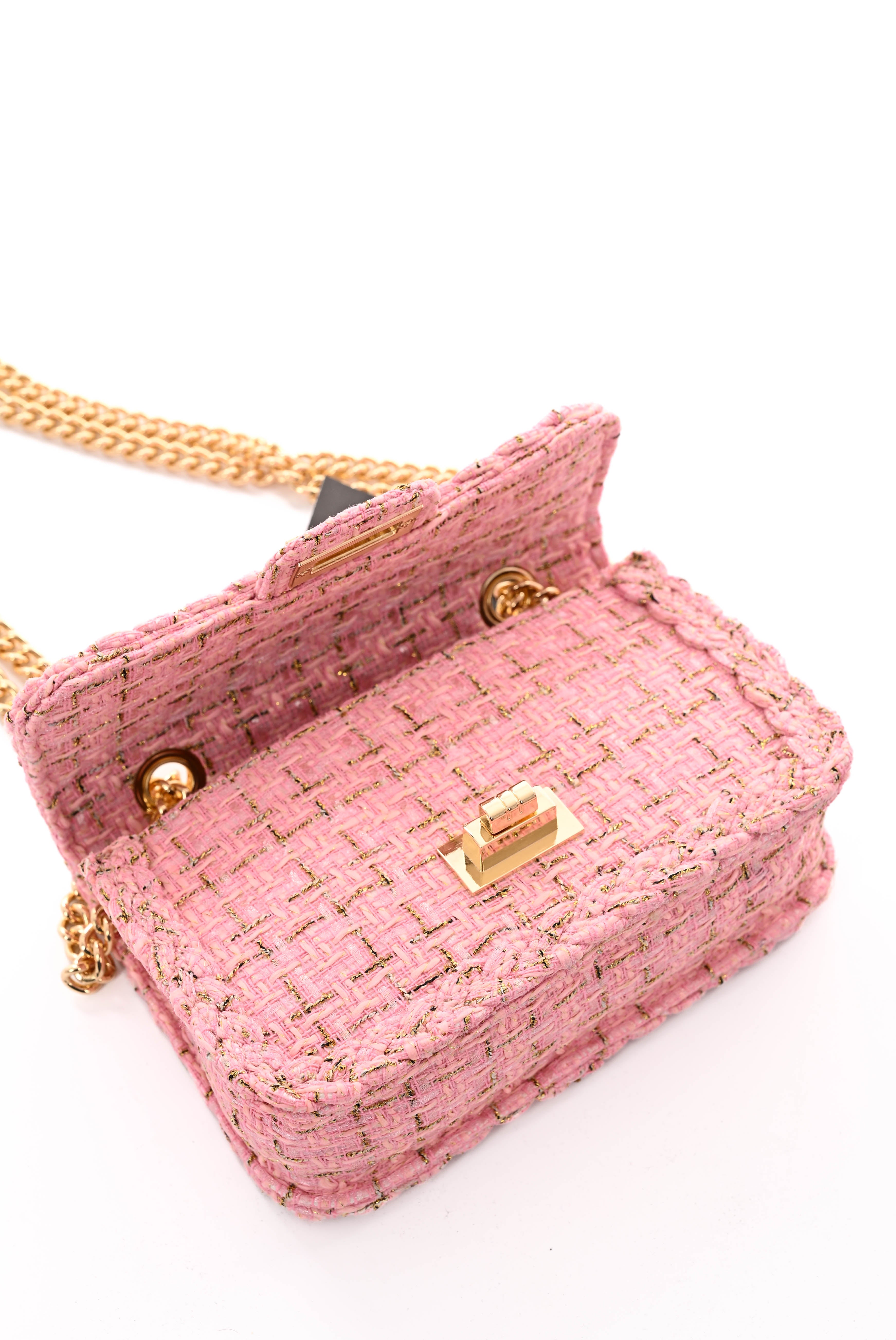 Schoudertas met lurex en vlecht detail lichtroze