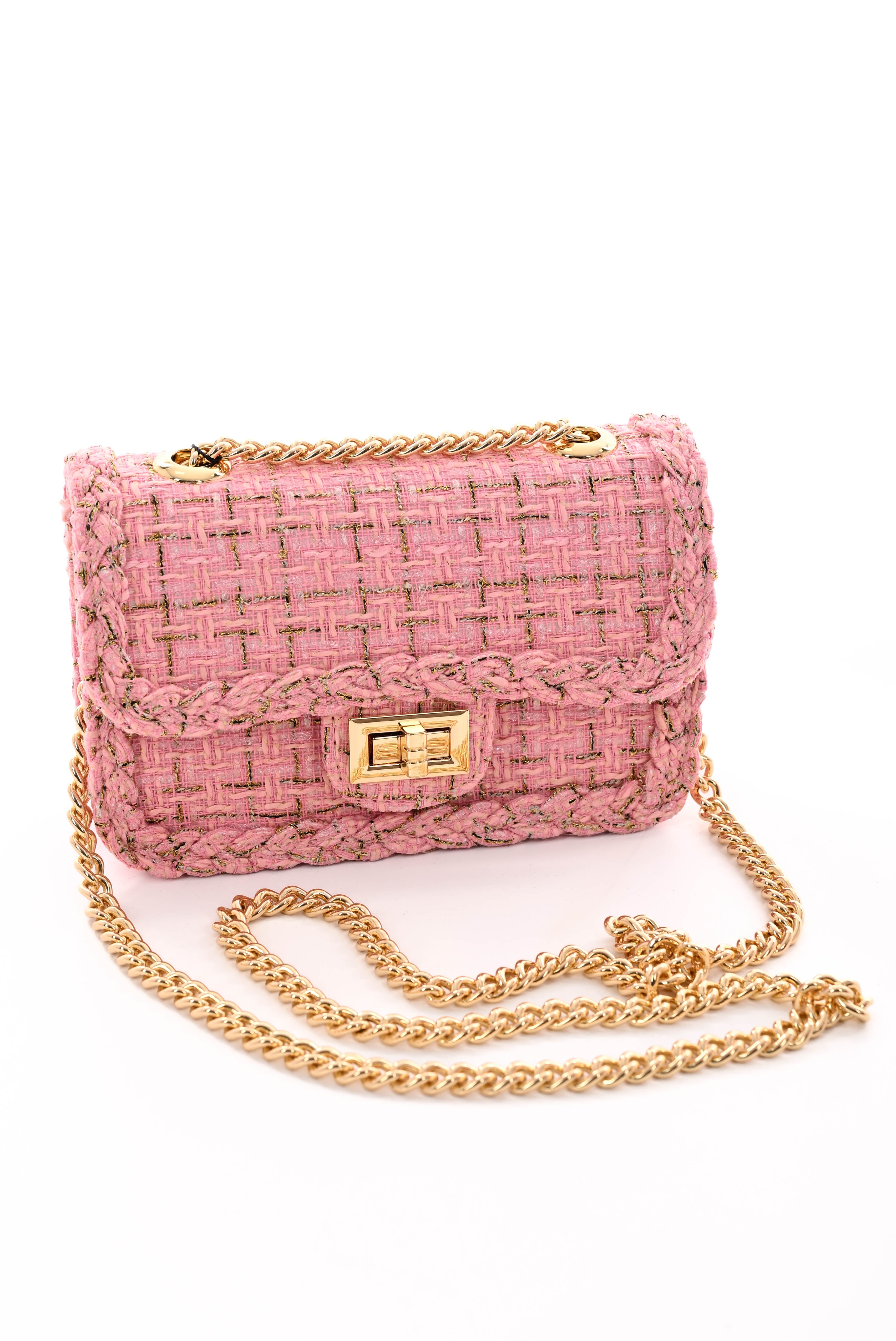 Schoudertas met lurex en vlecht detail lichtroze