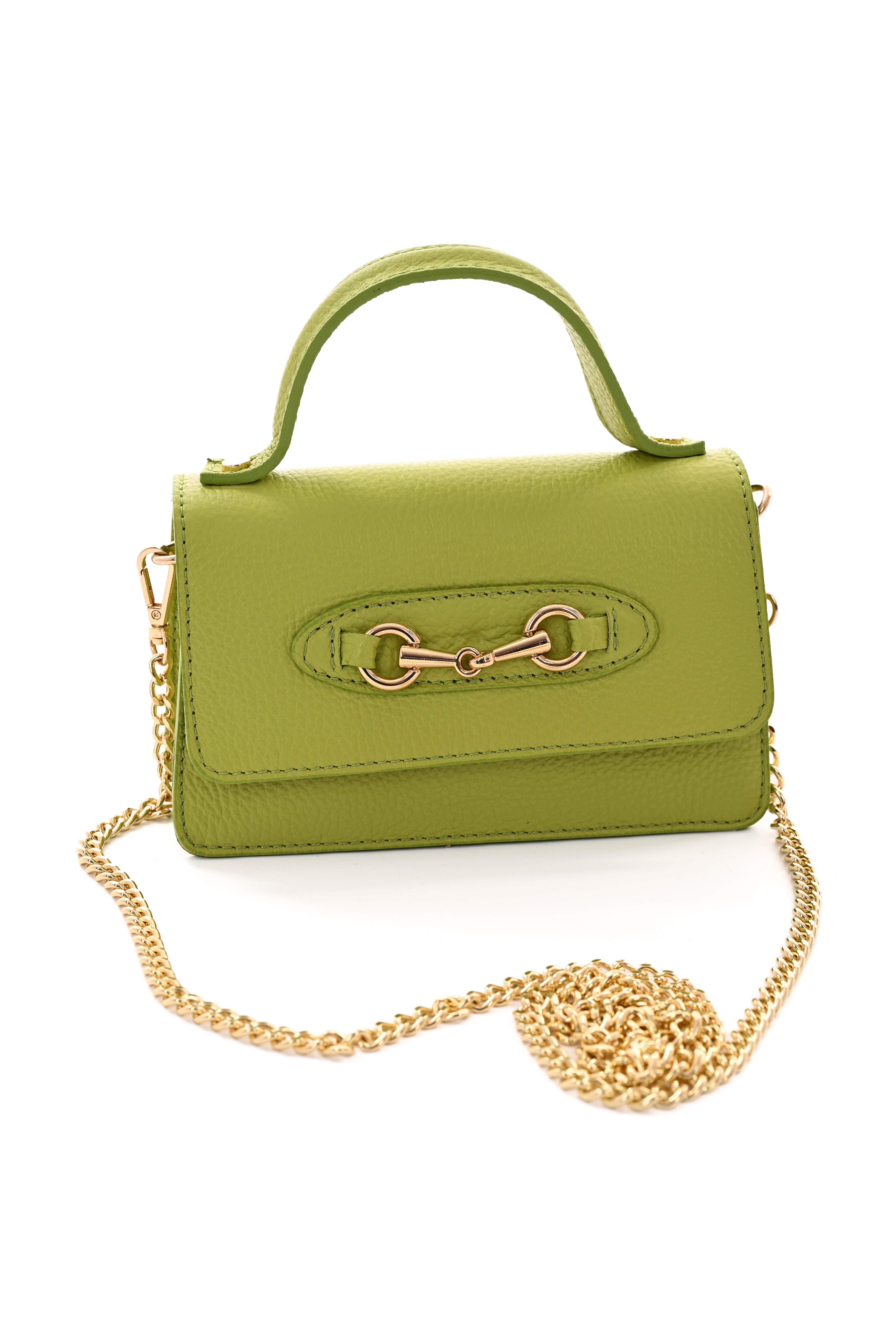 Leren handtas klein met sier gesp pistache