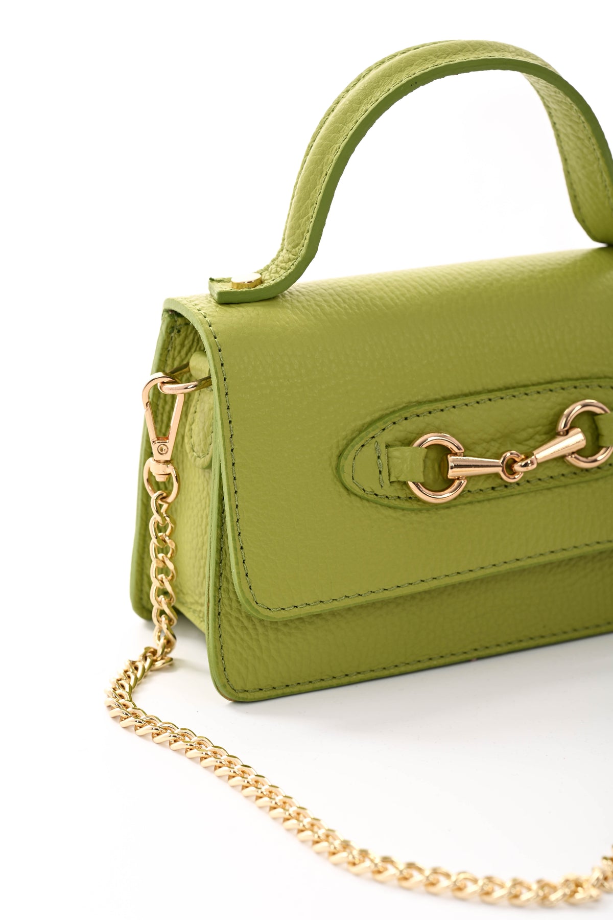 Leren handtas klein met sier gesp pistache