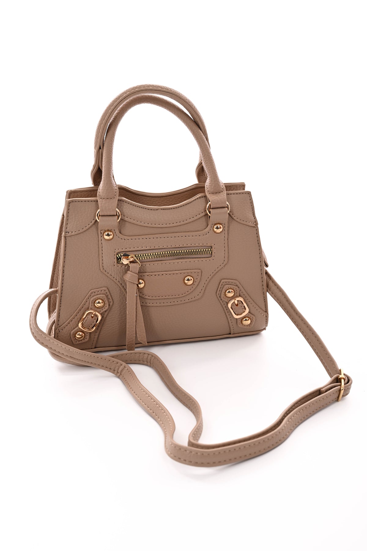 Handtas met studs en gespjes taupe