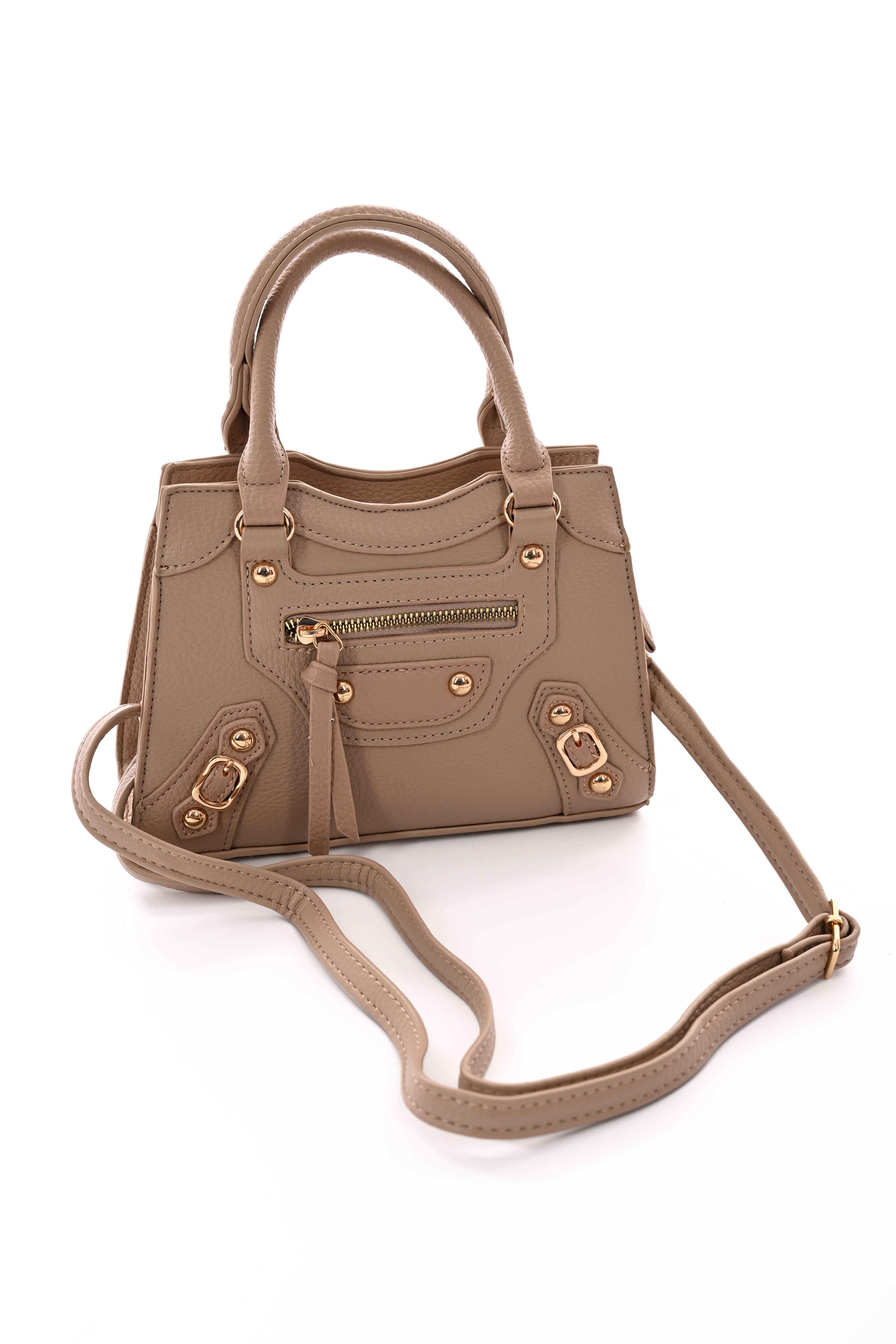 Handtas met studs en gespjes taupe