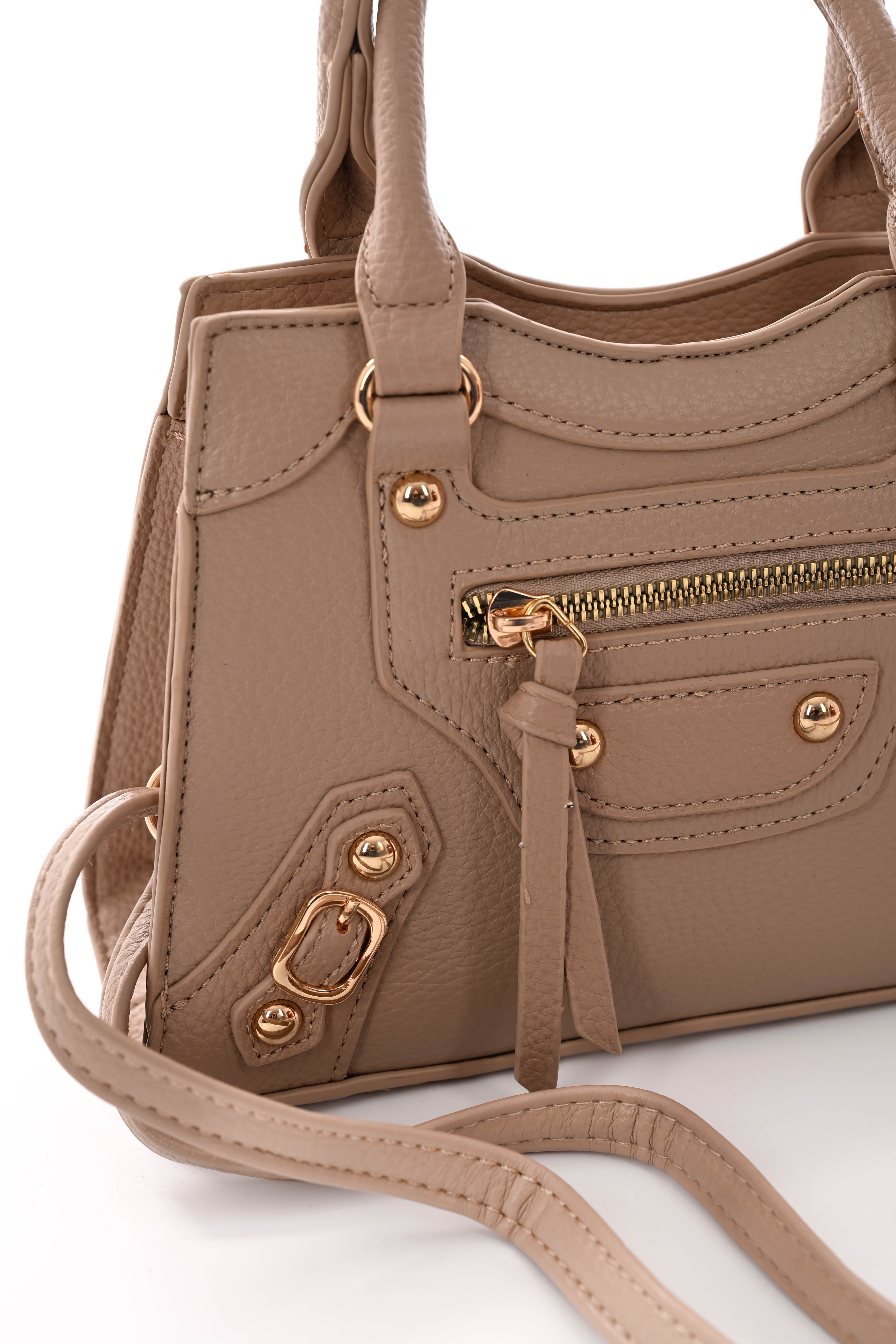 Handtas met studs en gespjes taupe