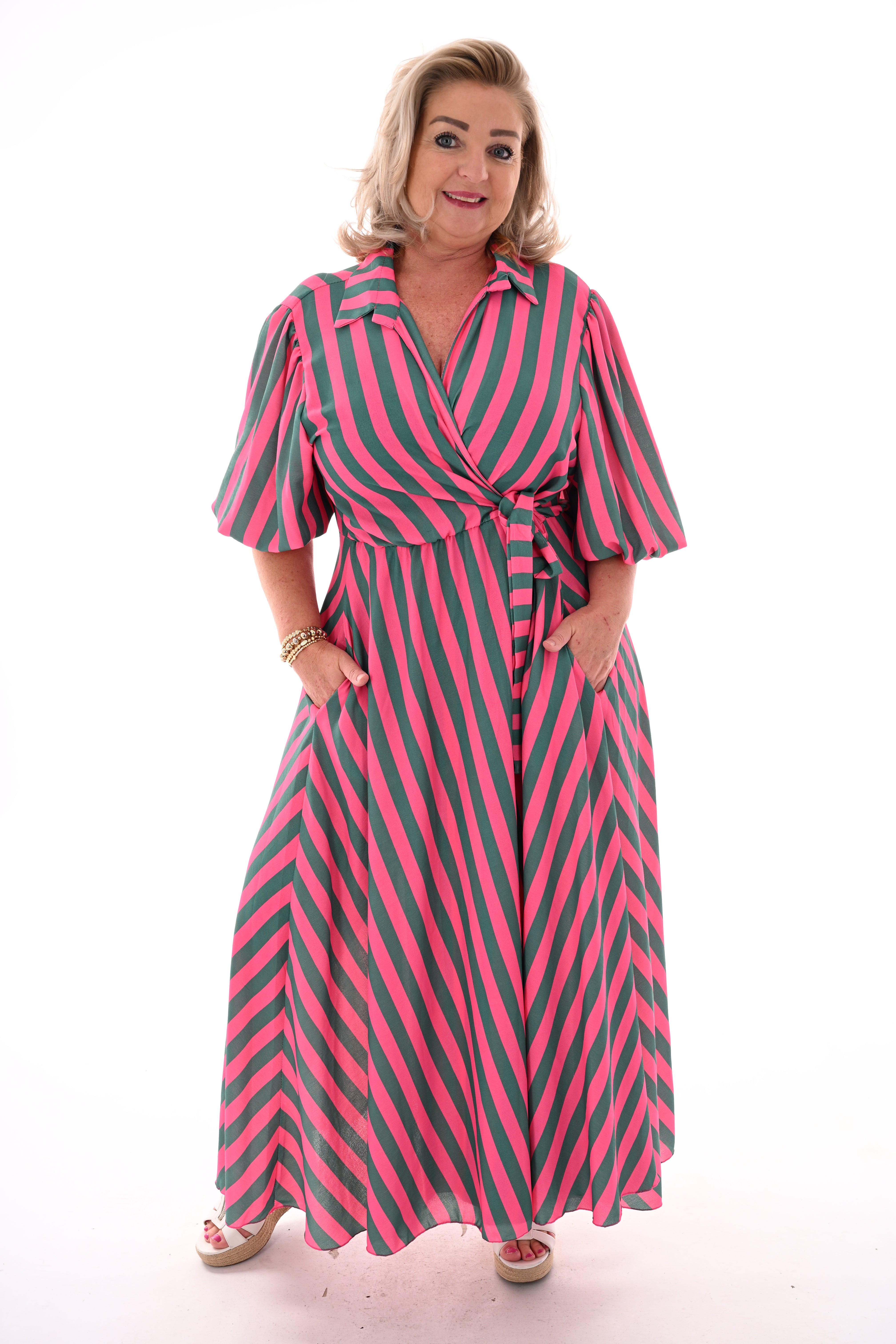 Maxi overslag jurk pofmouwen strepen roze/groen