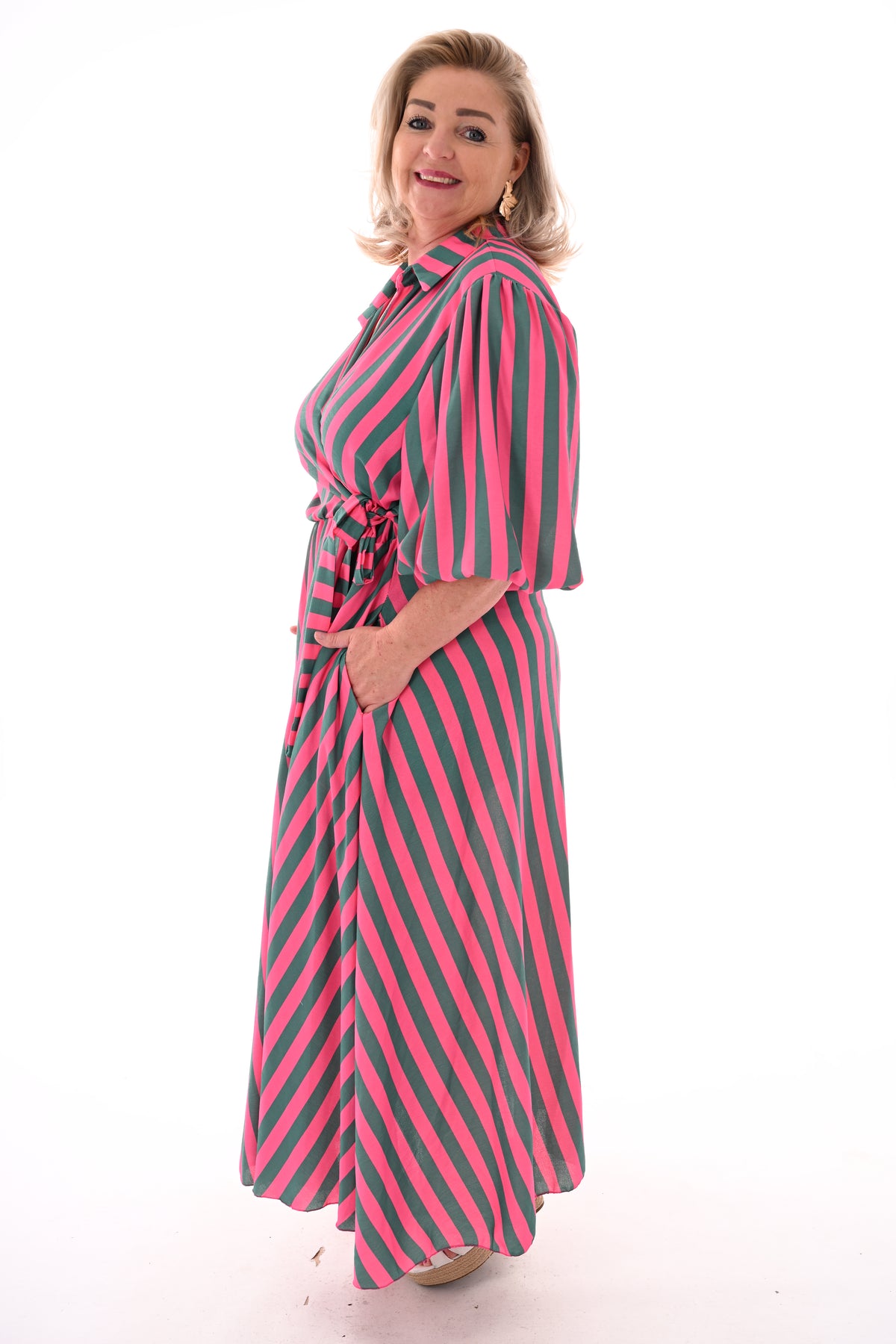 Maxi overslag jurk pofmouwen strepen roze/groen