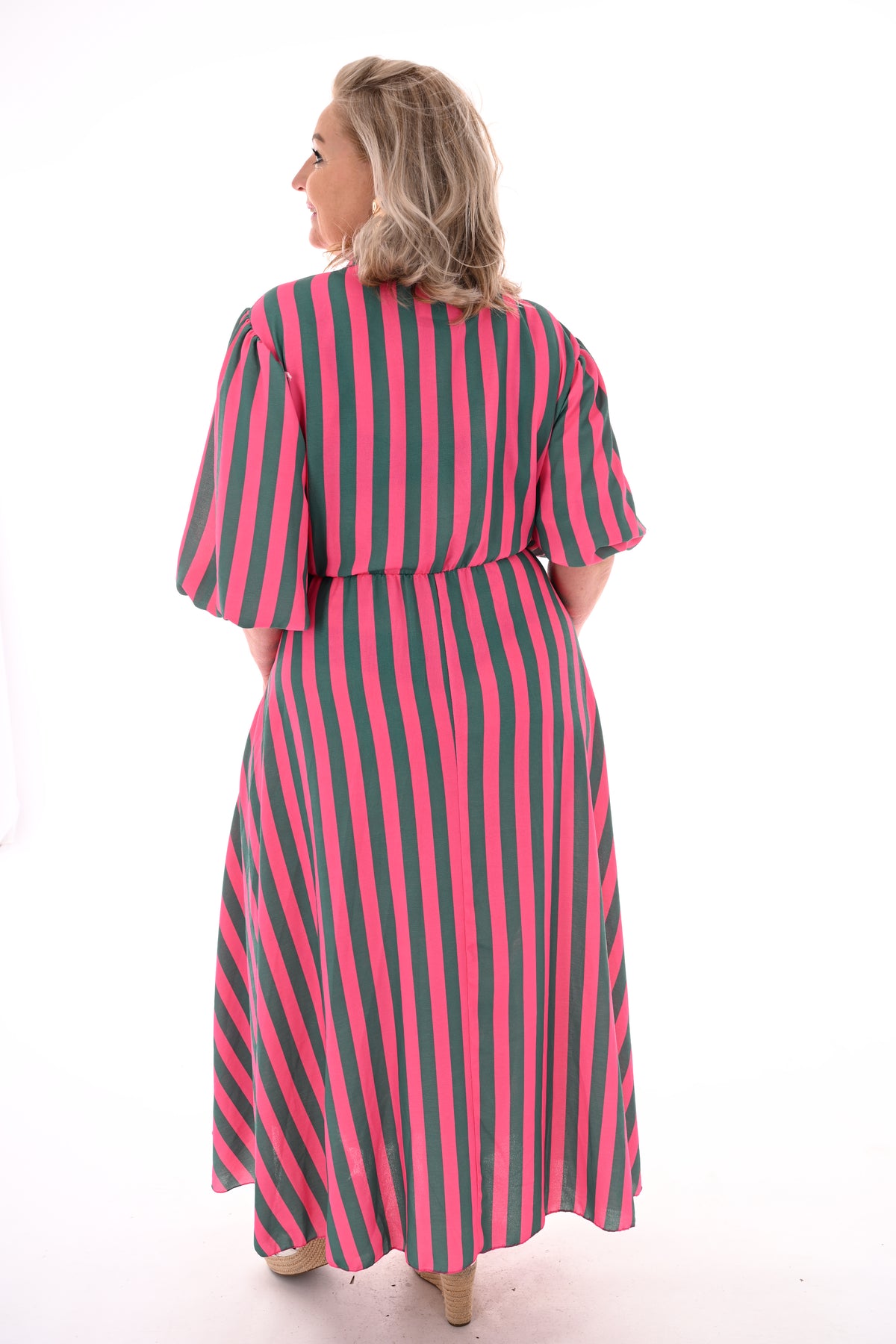 Maxi overslag jurk pofmouwen strepen roze/groen