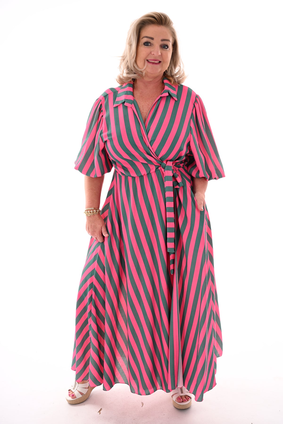 Maxi overslag jurk pofmouwen strepen roze/groen