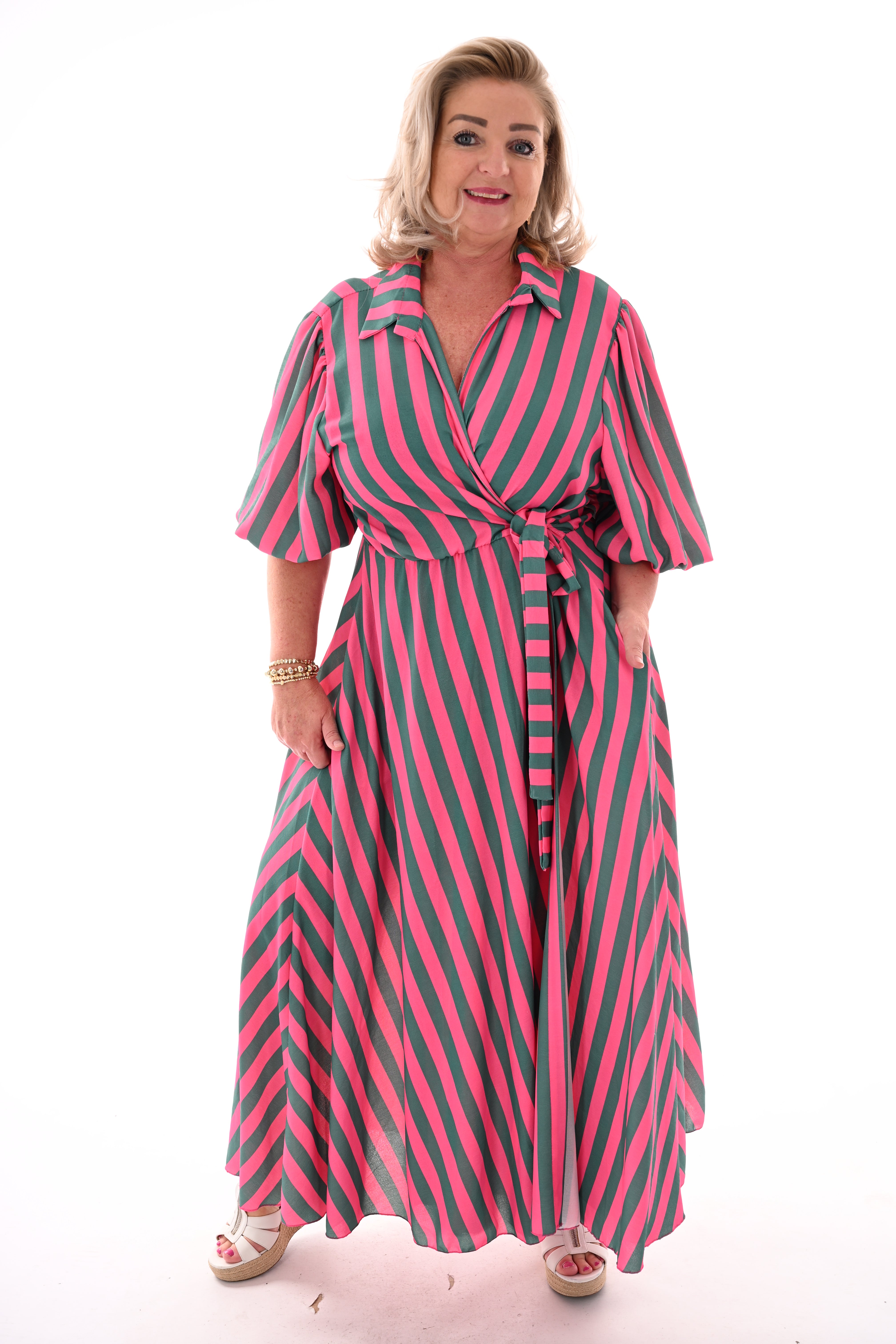 Maxi overslag jurk pofmouwen strepen roze/groen