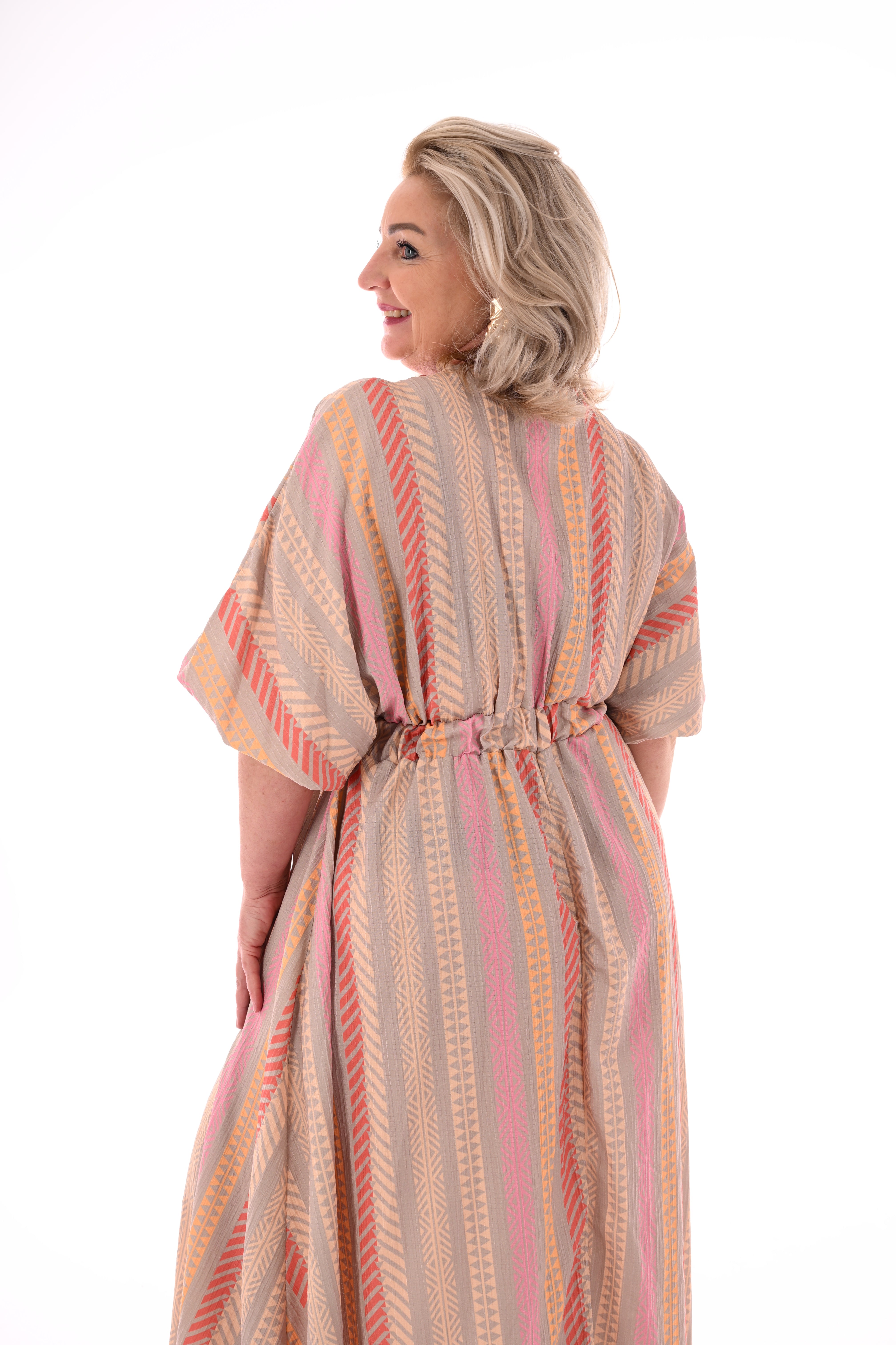 Lange jurk v-hals smock beige/brique