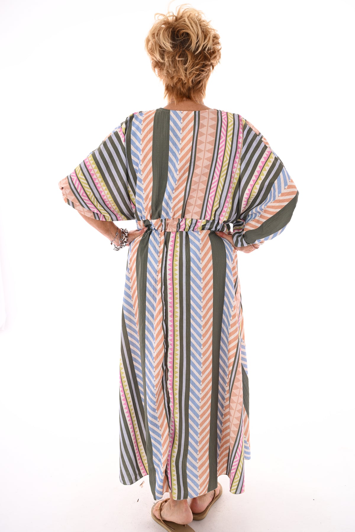 Lange jurk v-hals smock lichtblauw/groen