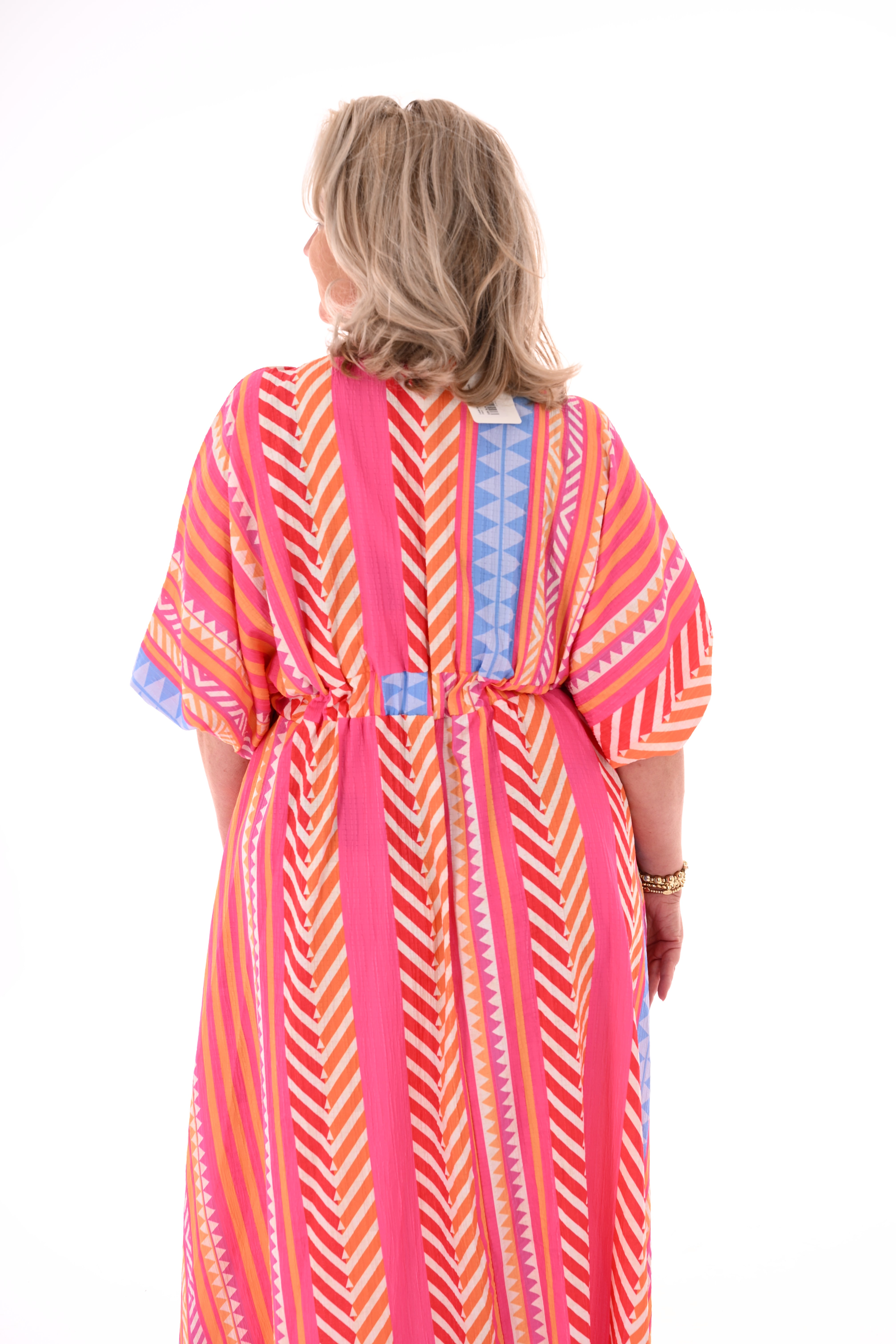 Lange jurk v-hals smock oranje/roze