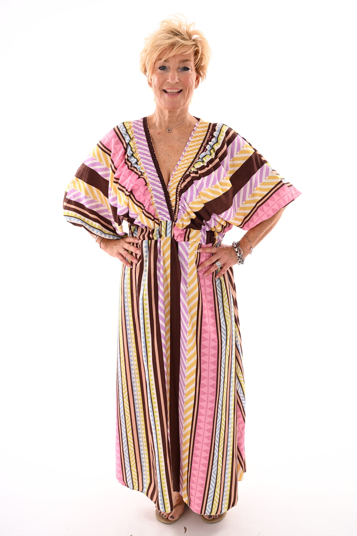 Lange jurk v-hals smock donkerbruin/lila