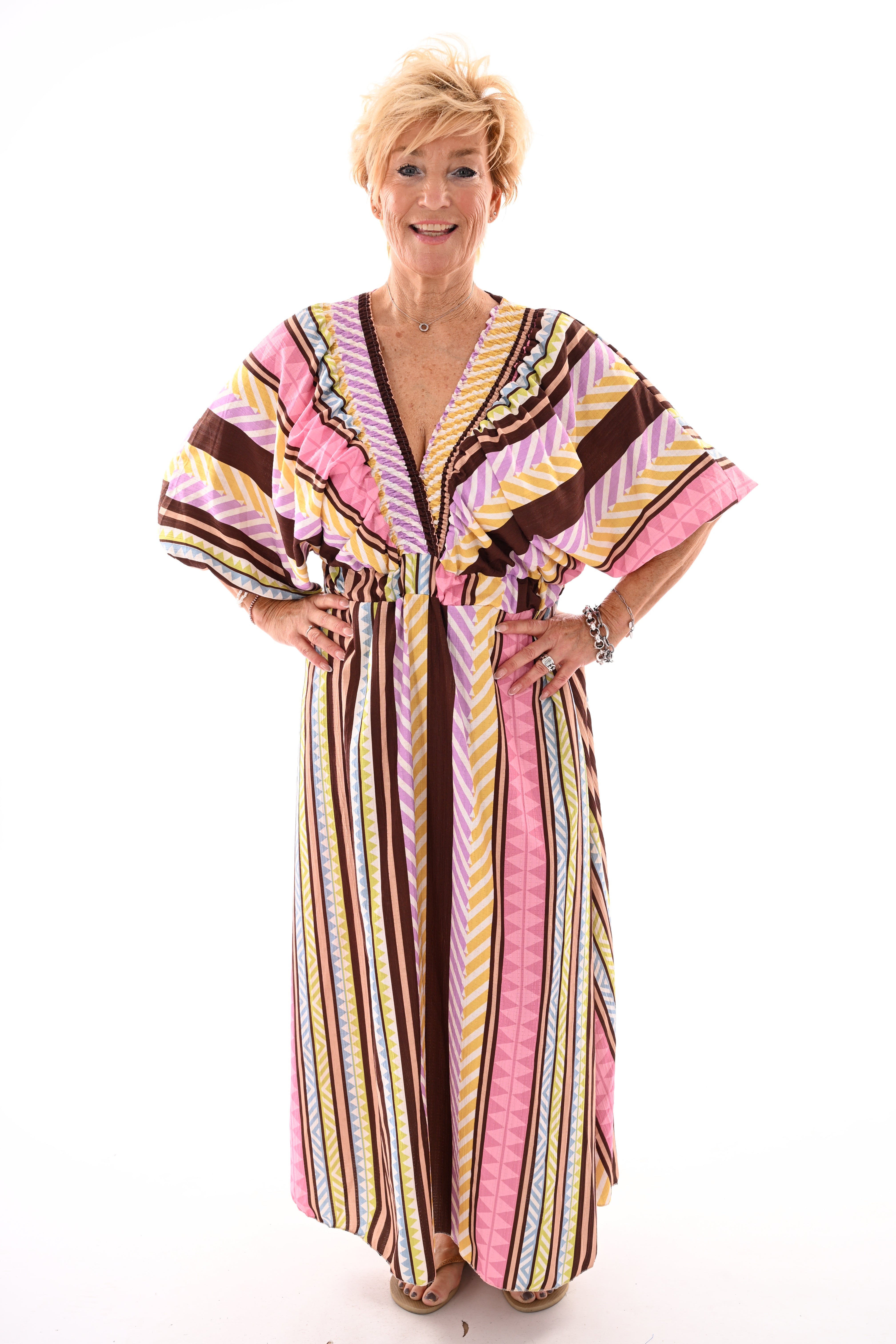 Lange jurk v-hals smock donkerbruin/lila