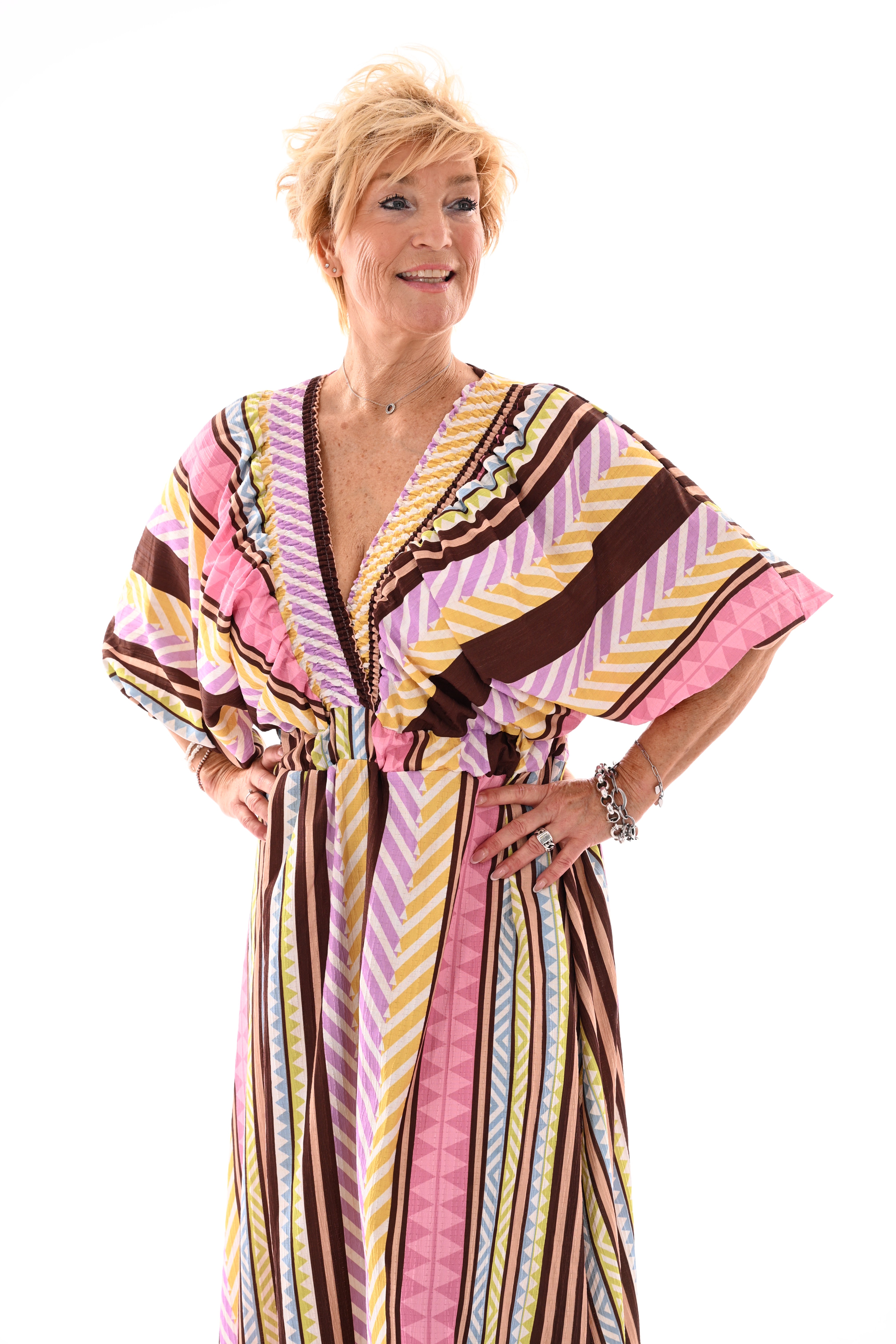 Lange jurk v-hals smock donkerbruin/lila