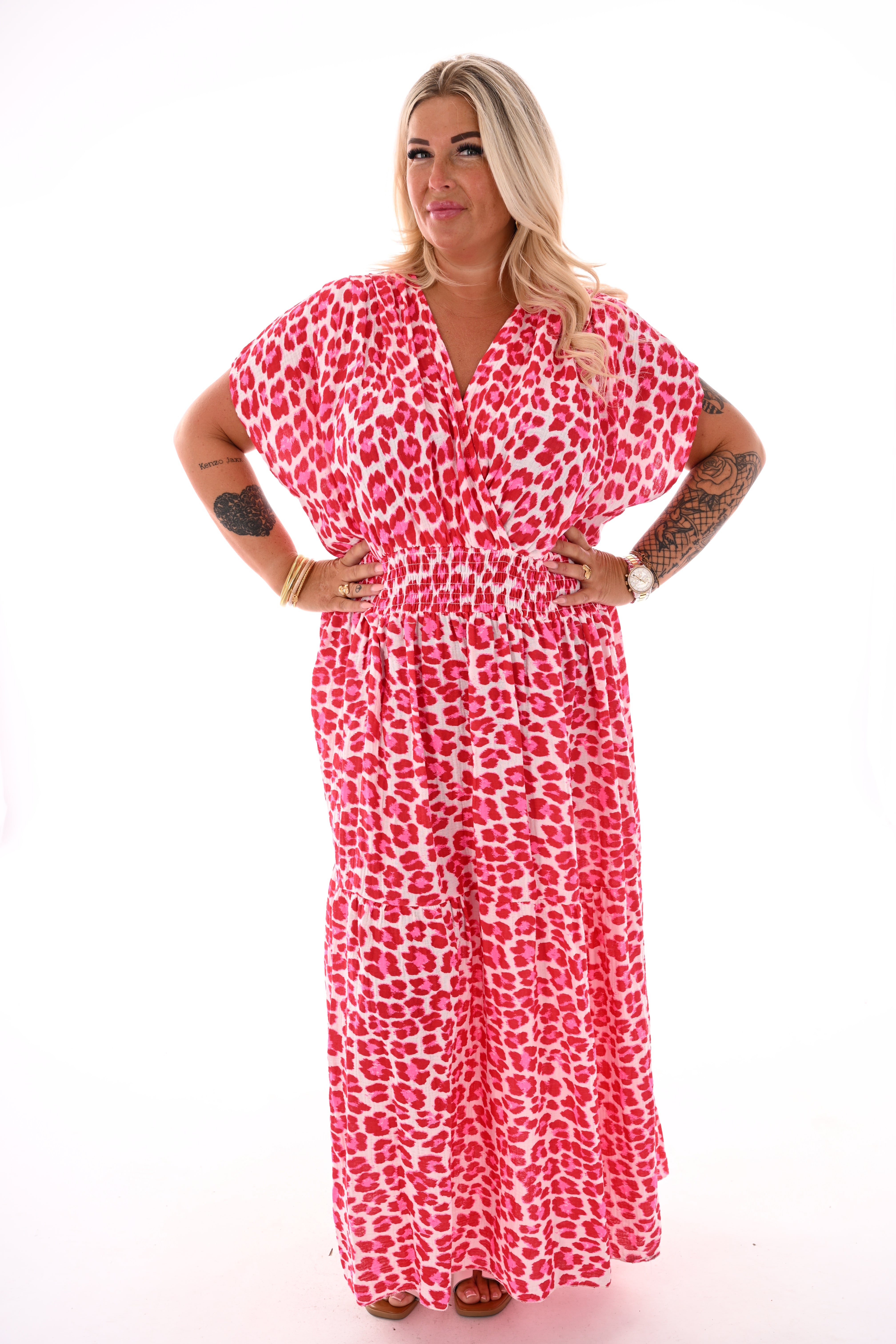 Lange wafel jurk panterprint rood