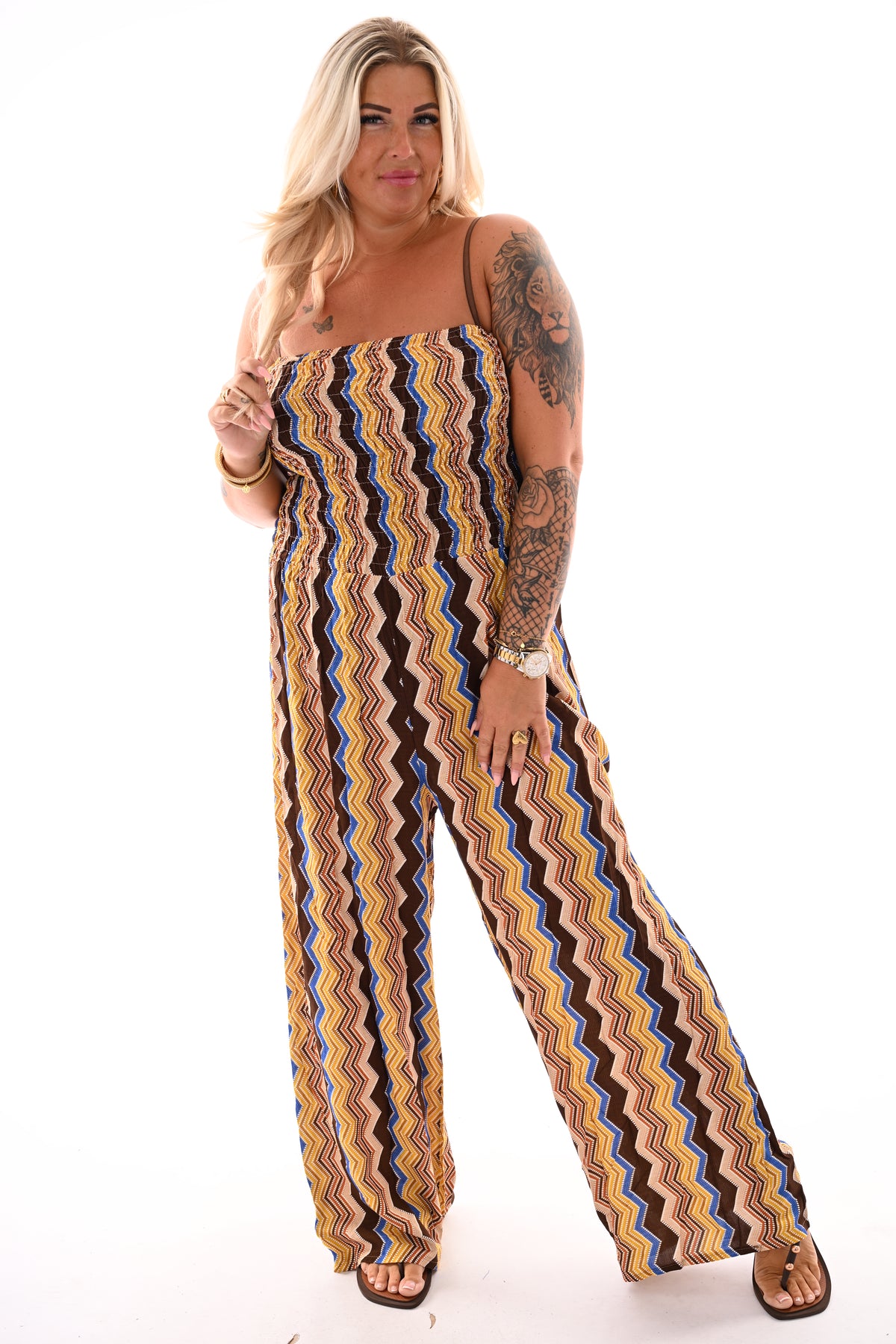 Strapless jumpsuit zigzag donkerbruin