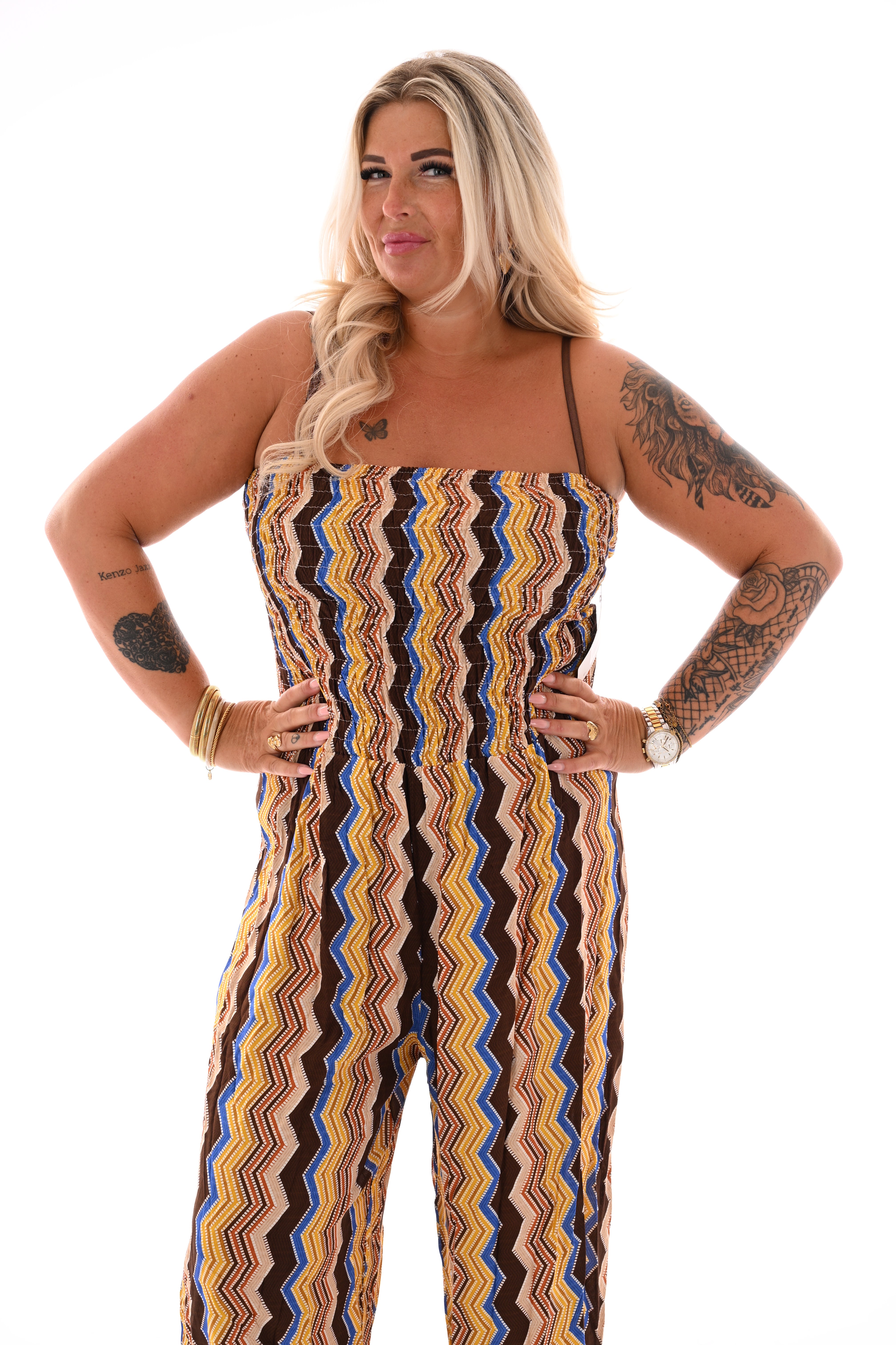 Strapless jumpsuit zigzag donkerbruin