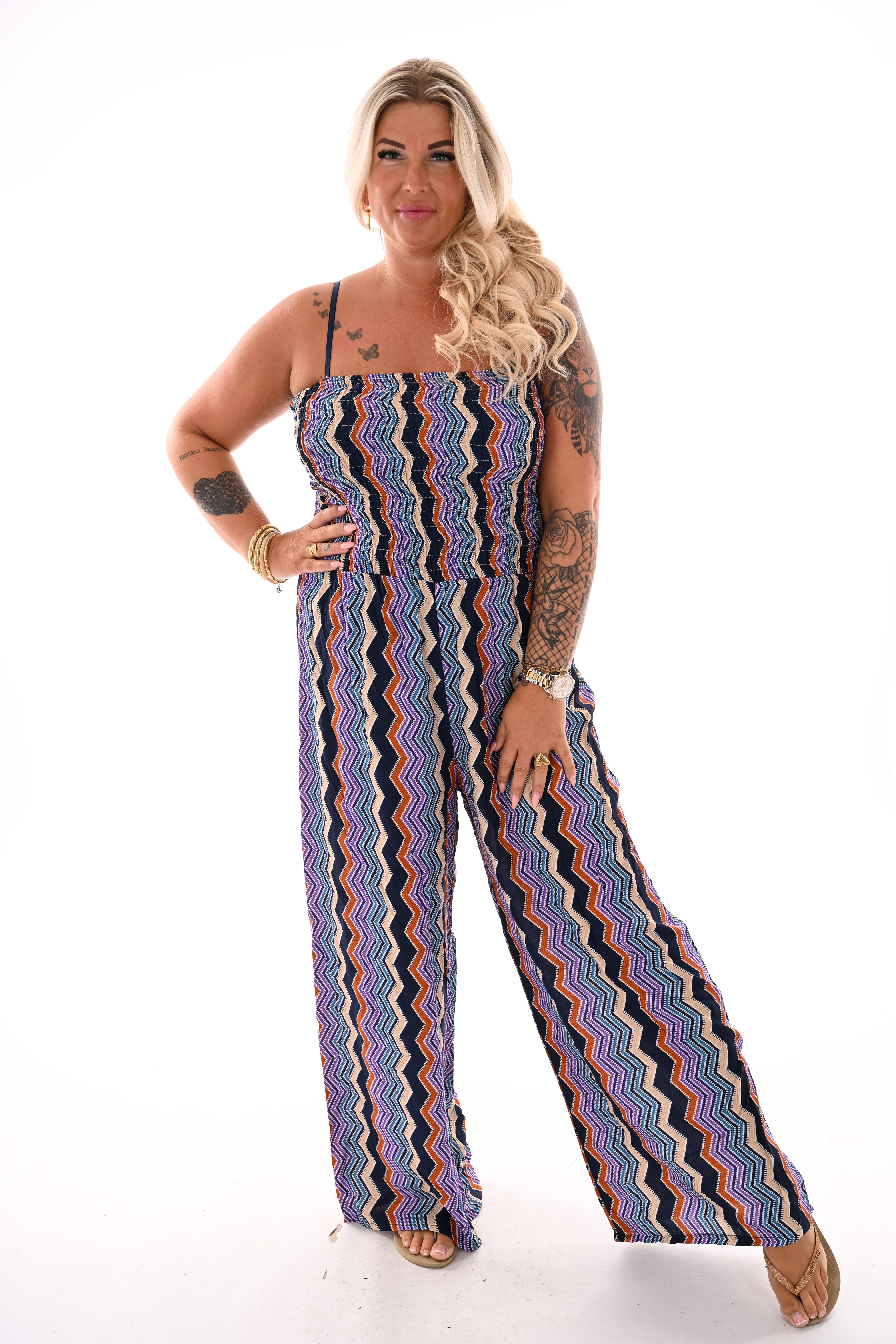 Strapless jumpsuit zigzag marineblauw