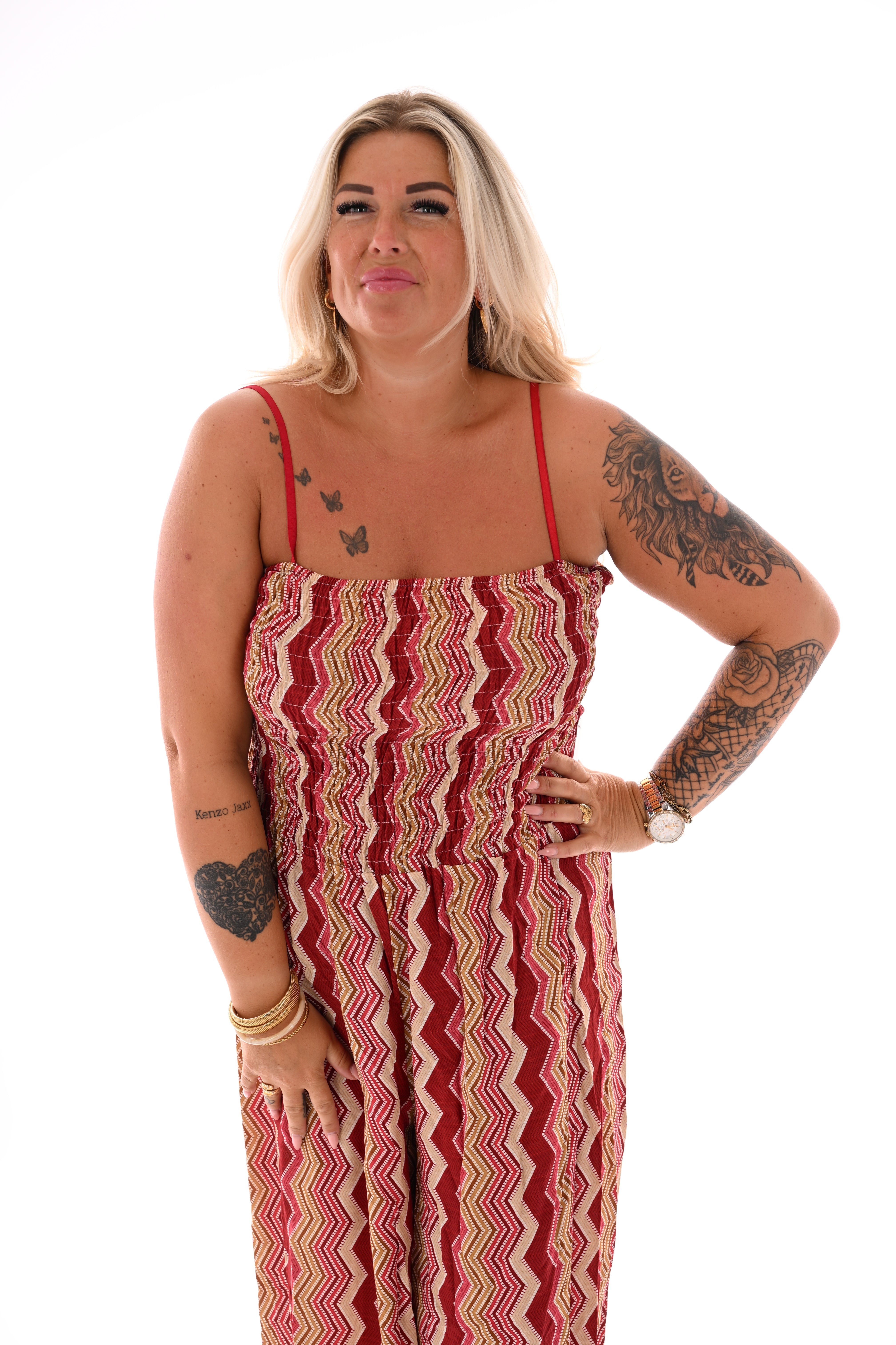 Strapless jumpsuit zigzag rood