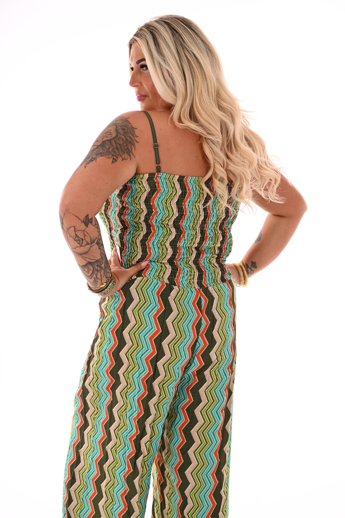 Strapless jumpsuit zigzag legergroen