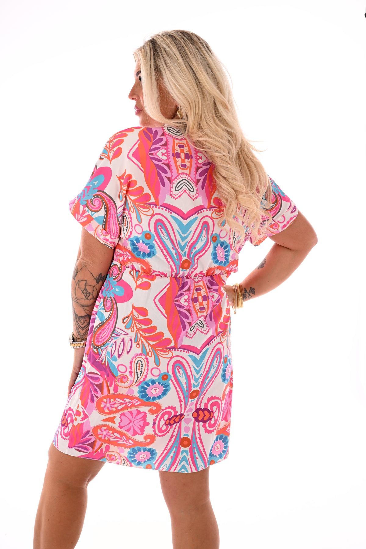 Korte overslag jurk print bladeren wit/roze