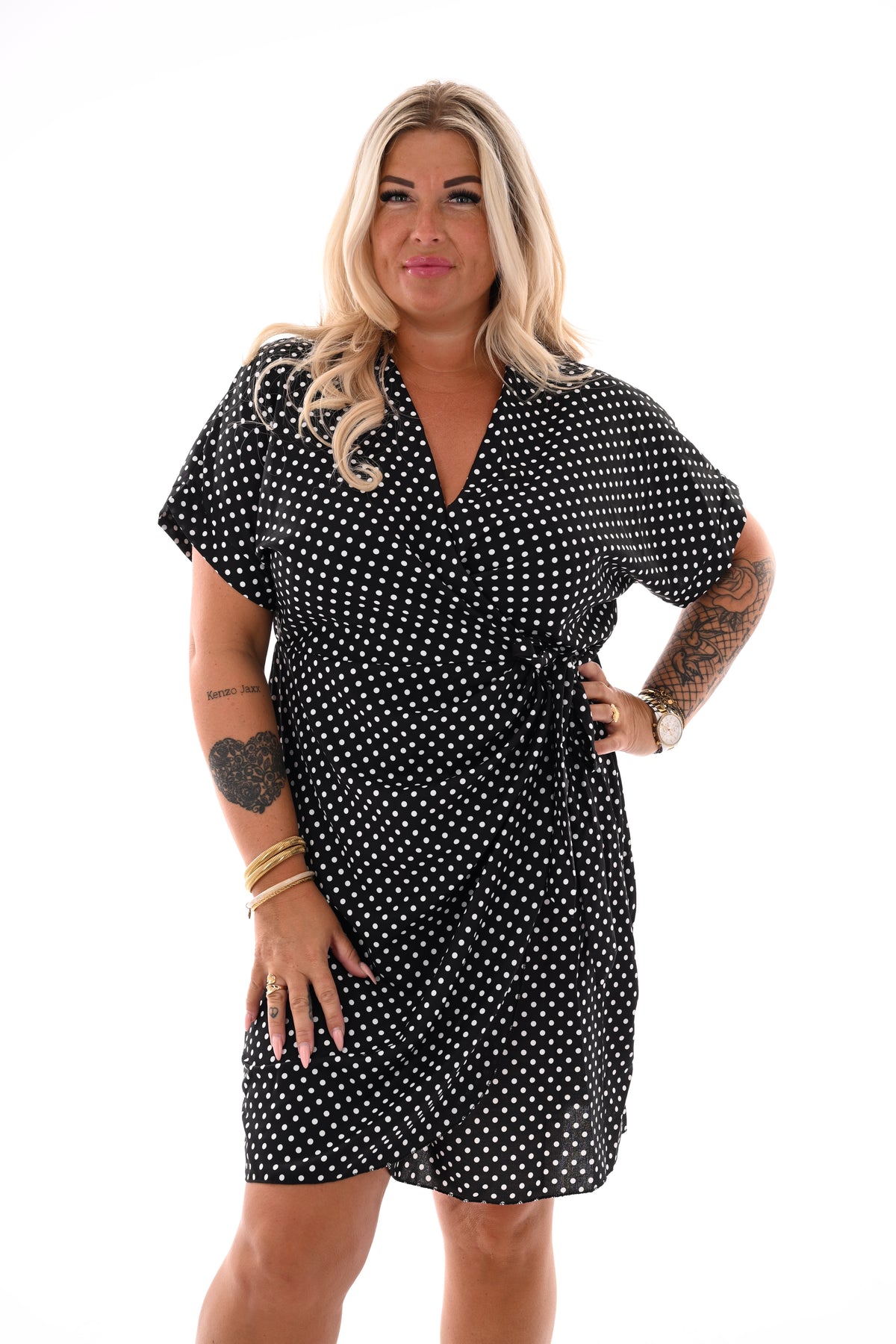 Korte overslag jurk print dots zwart/wit