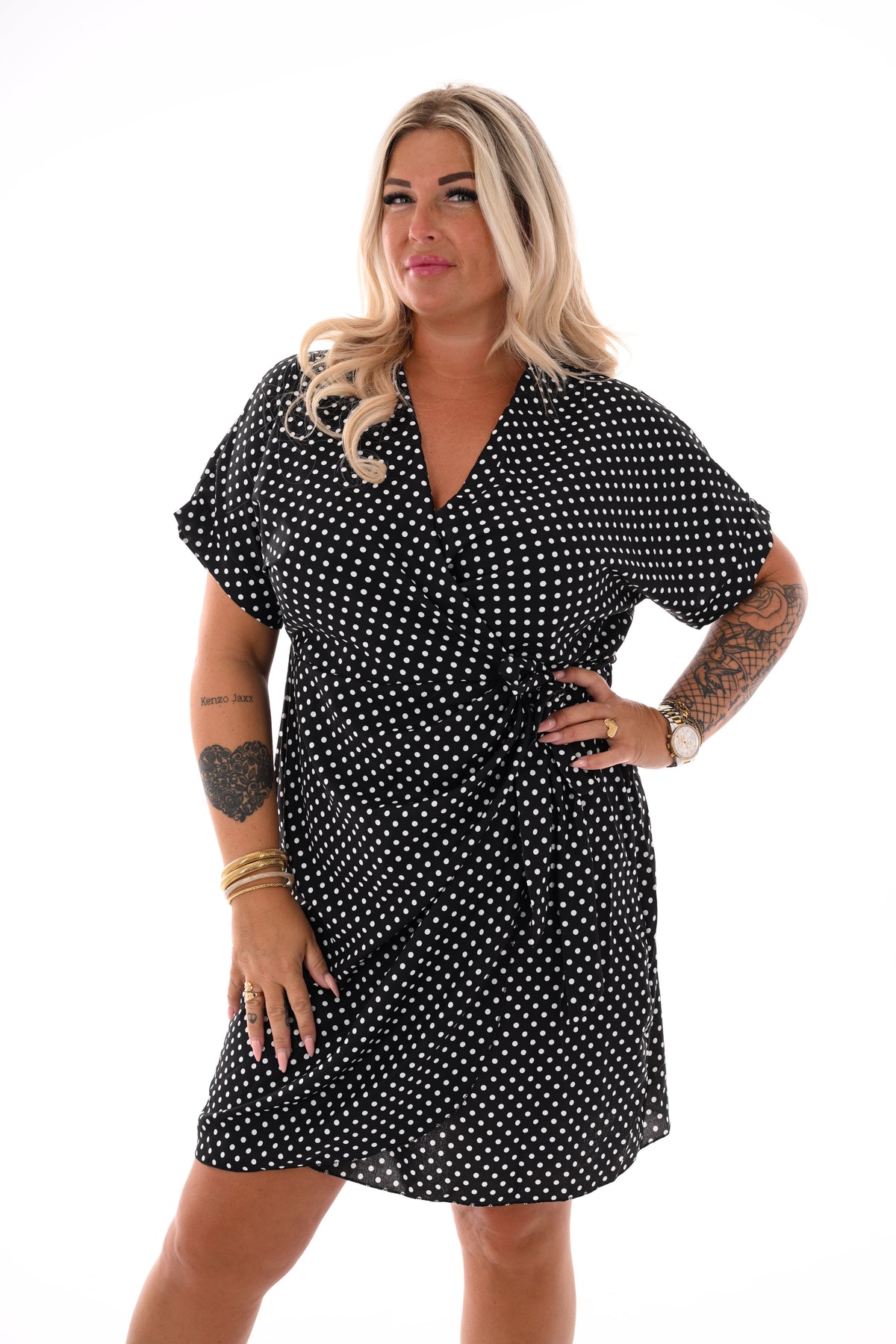 Korte overslag jurk print dots zwart/wit