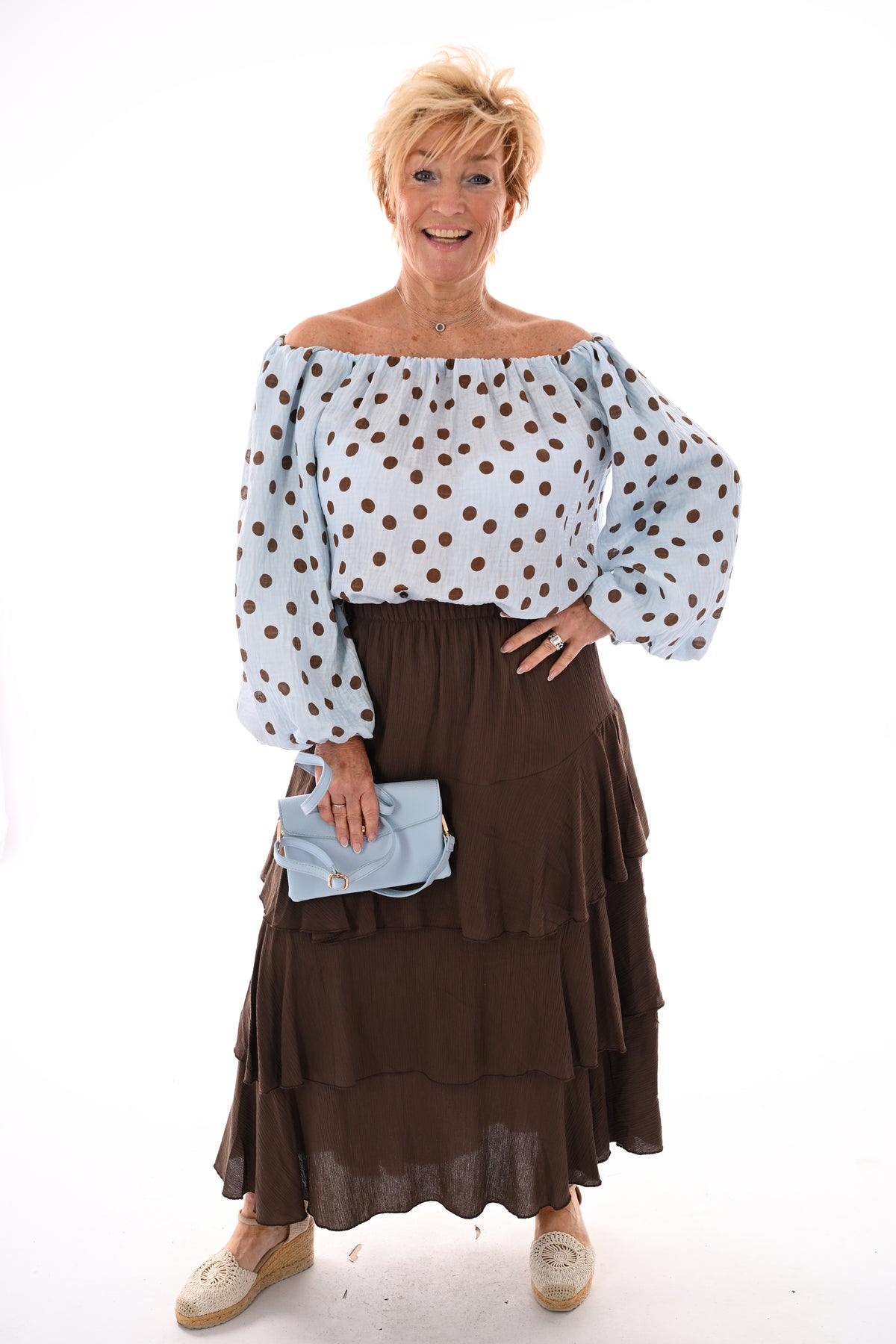 Off-shoulder top dots lichtblauw