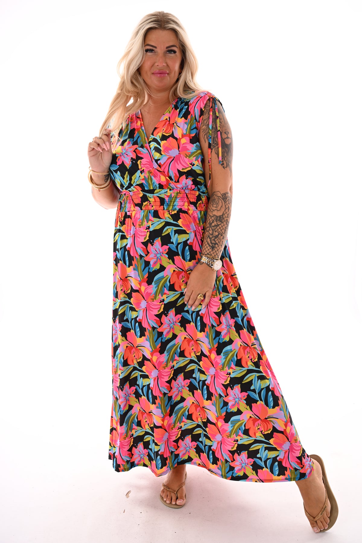 Lange jurk magic print bloemen zwart/oranje