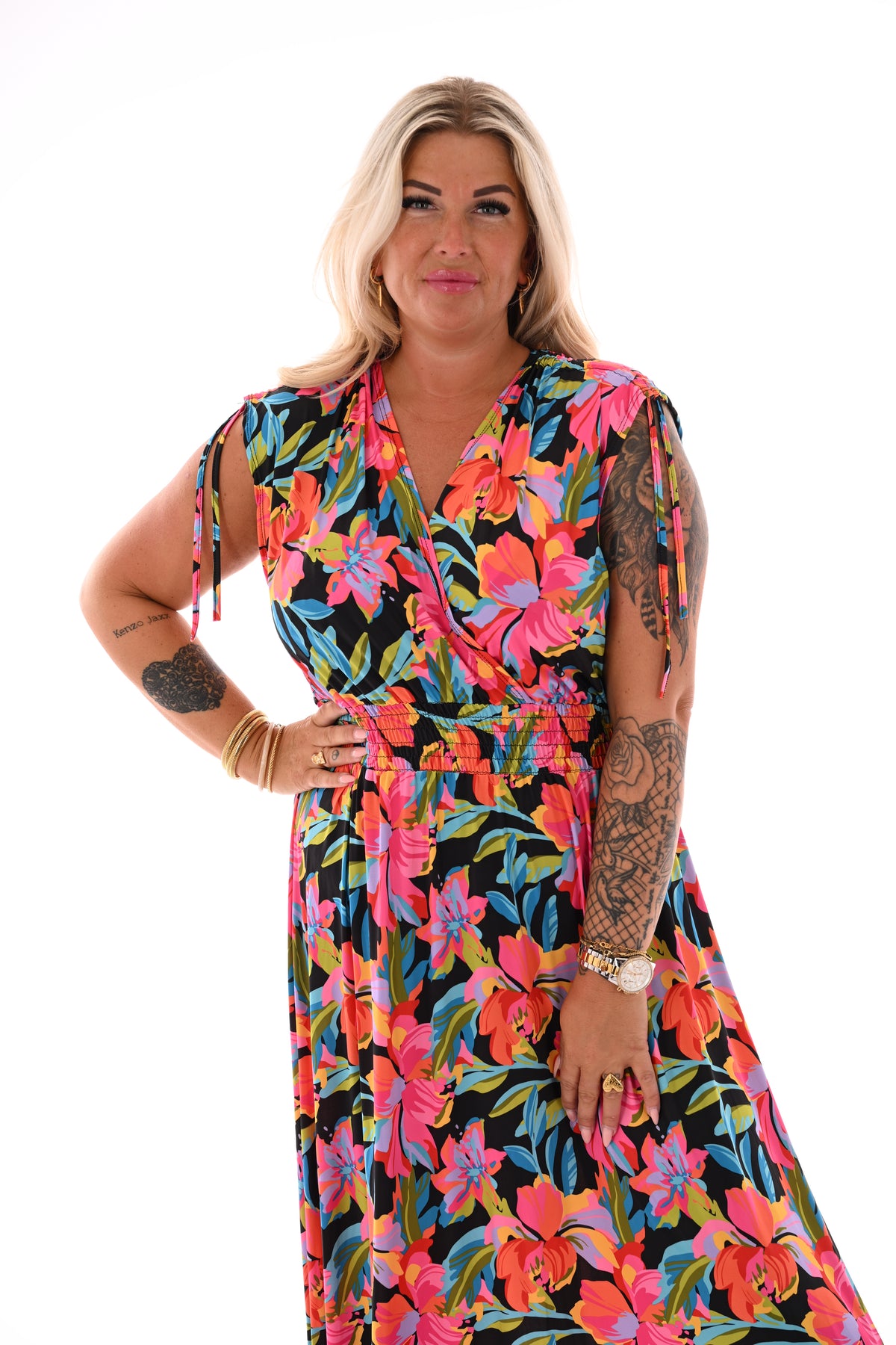 Lange jurk magic print bloemen zwart/oranje