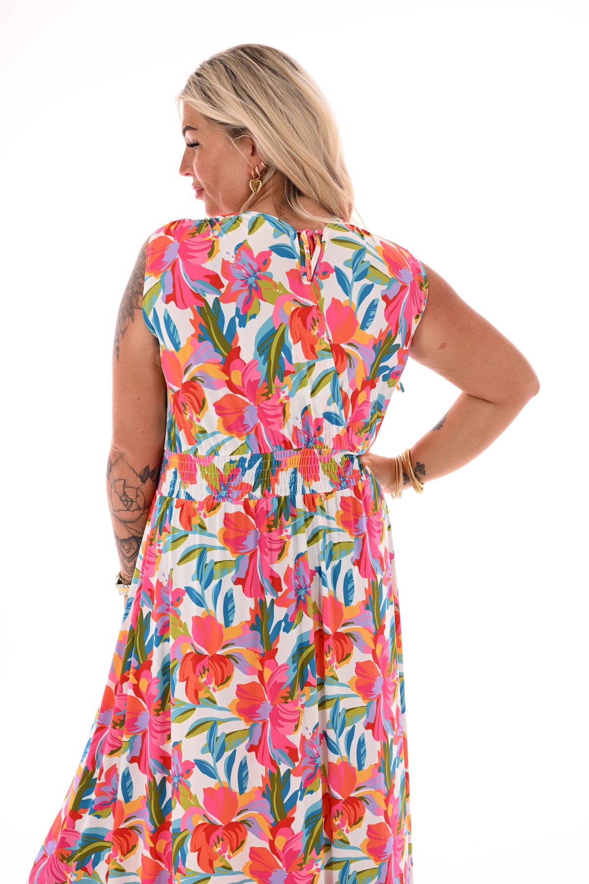 Lange jurk magic print bloemen wit/oranje