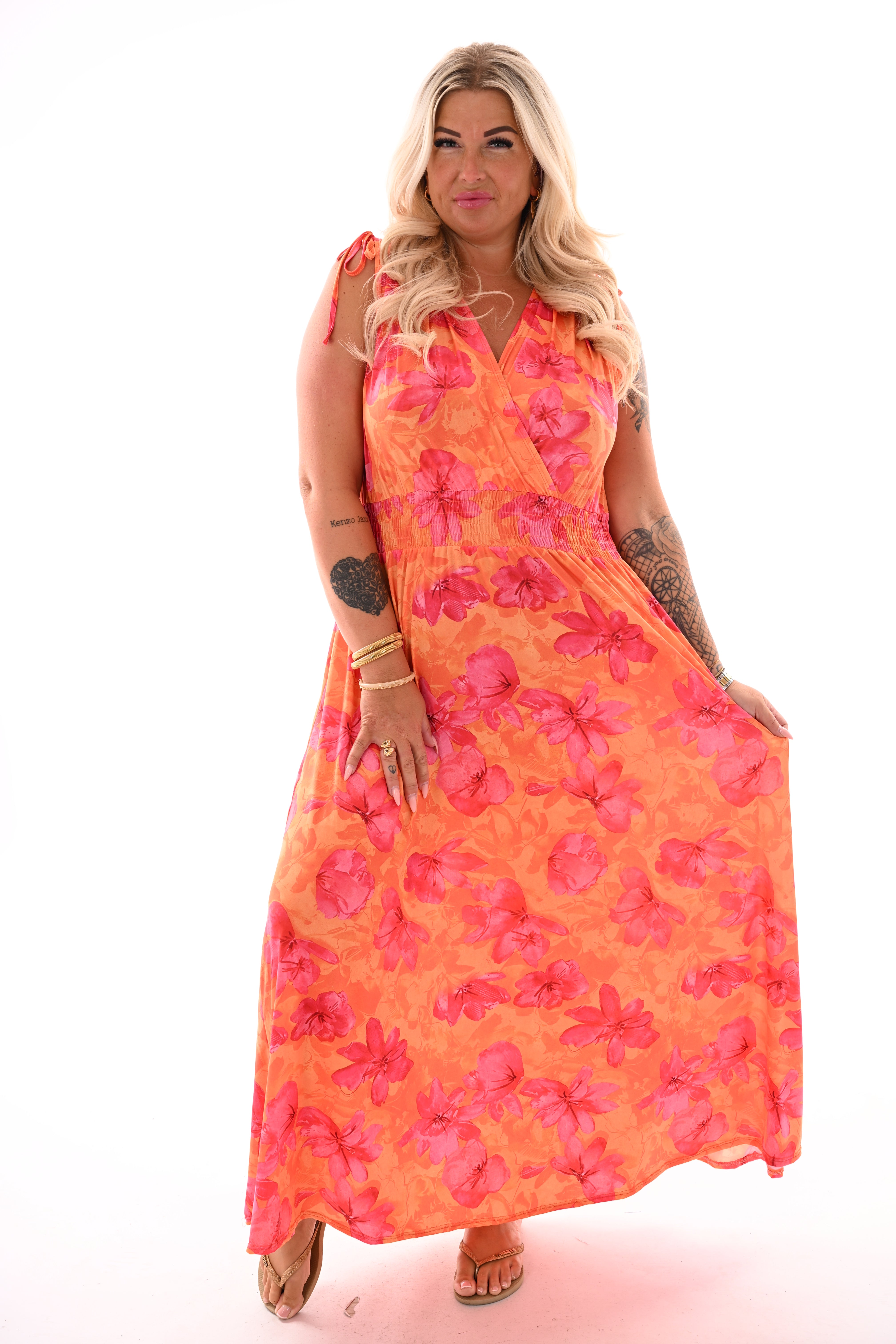Lange jurk magic print bloemen oranje/roze