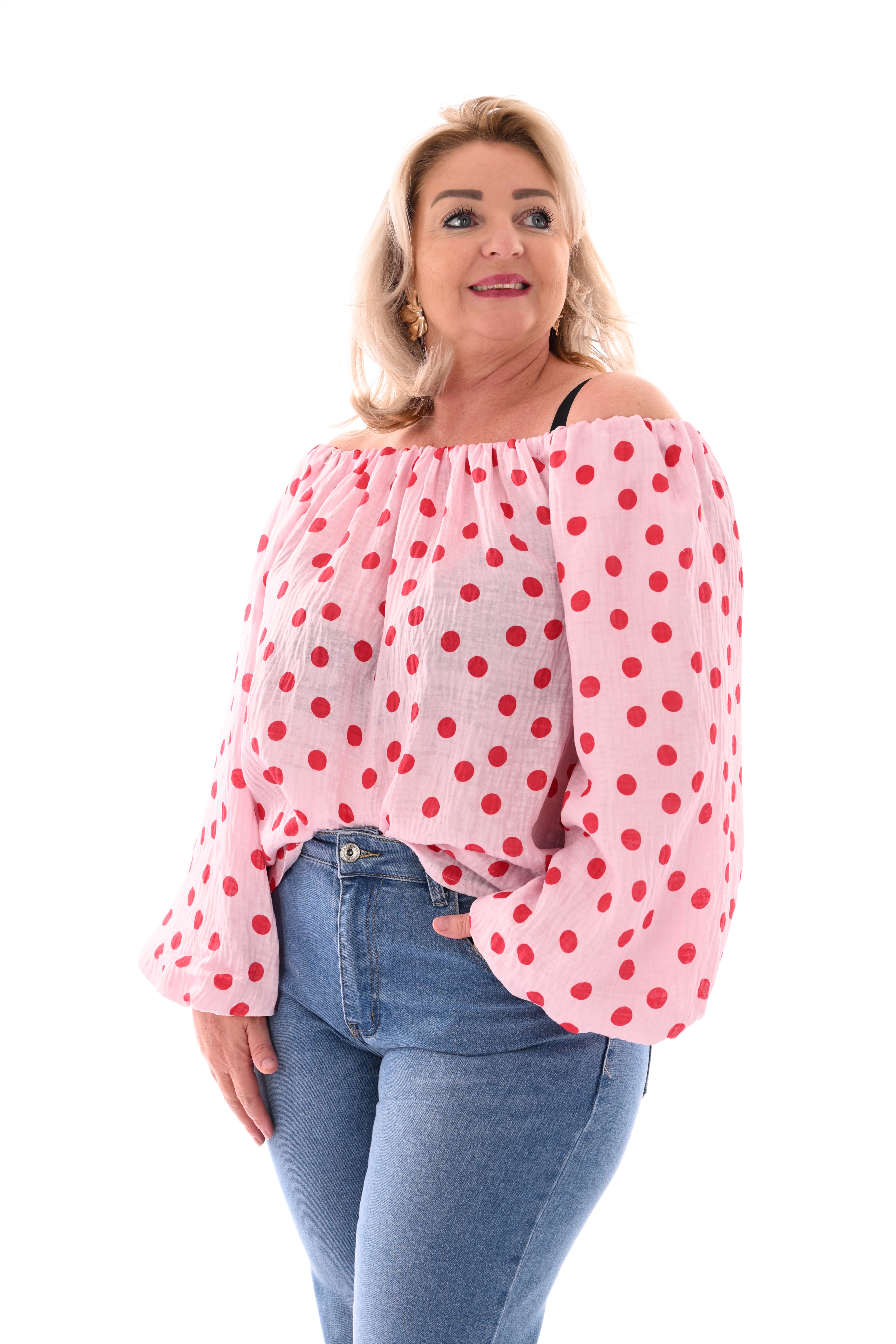 Off-shoulder top dots lichtroze