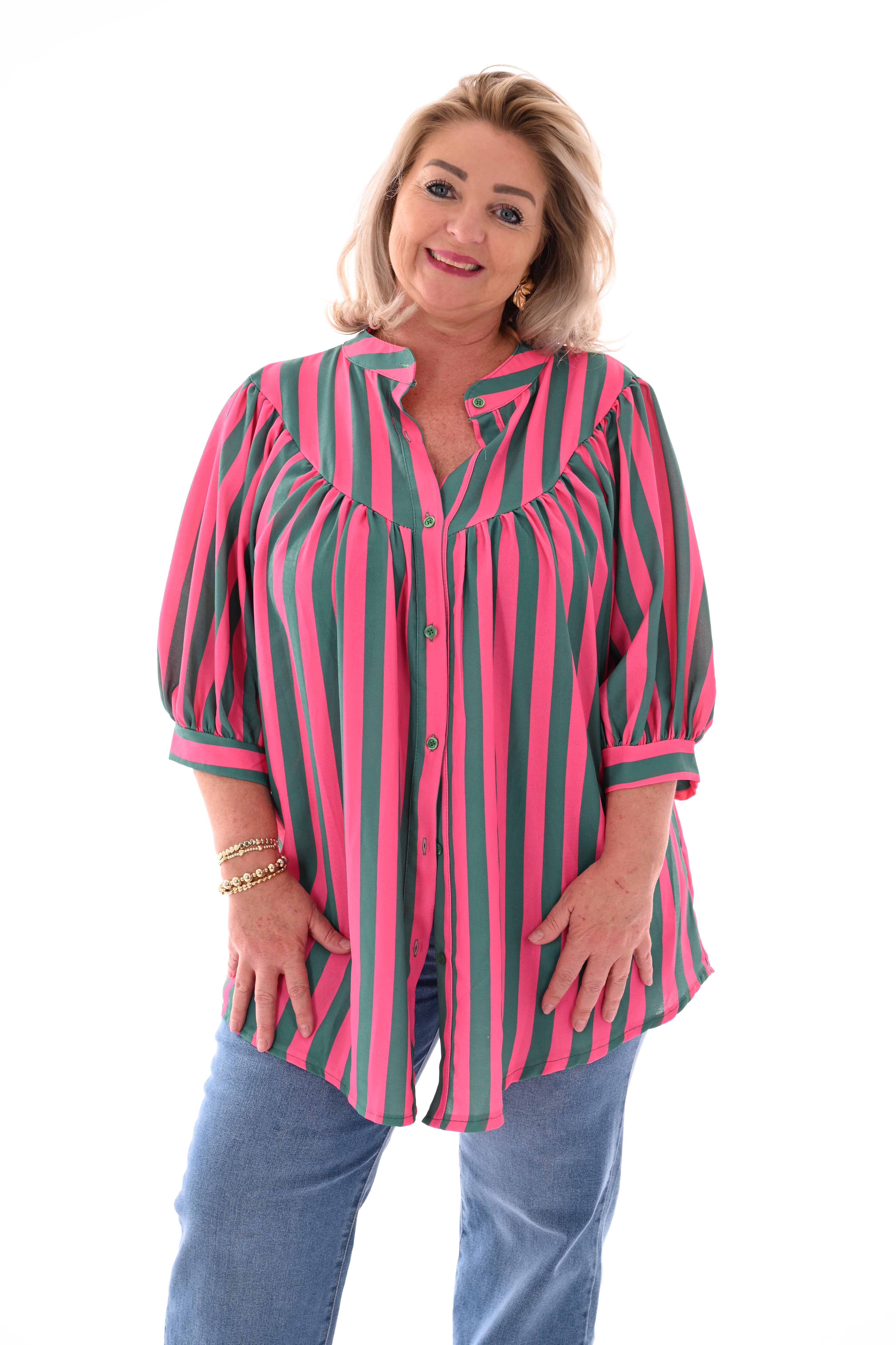 Doorknoop blouse pofmouwen strepen roze/groen