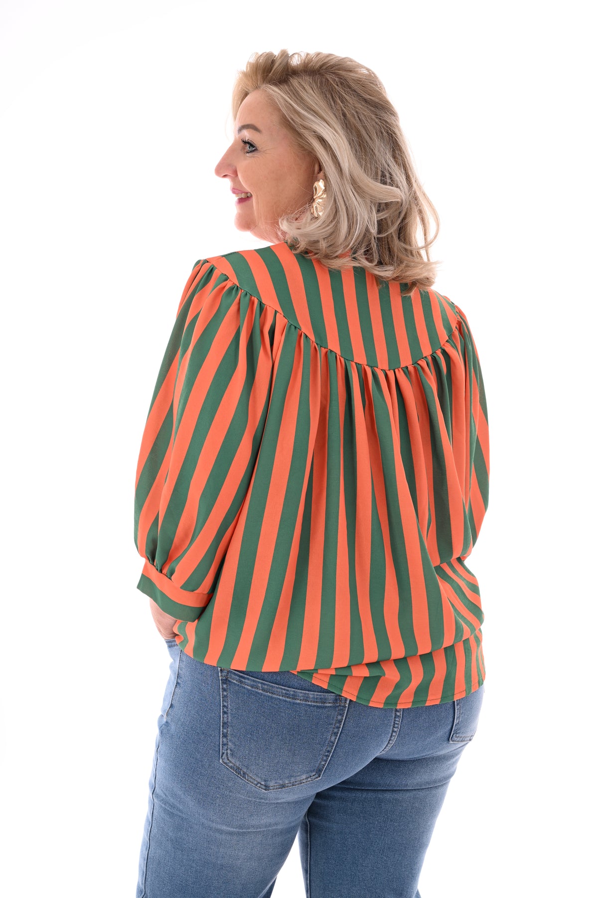 Doorknoop blouse pofmouwen strepen groen/oranje