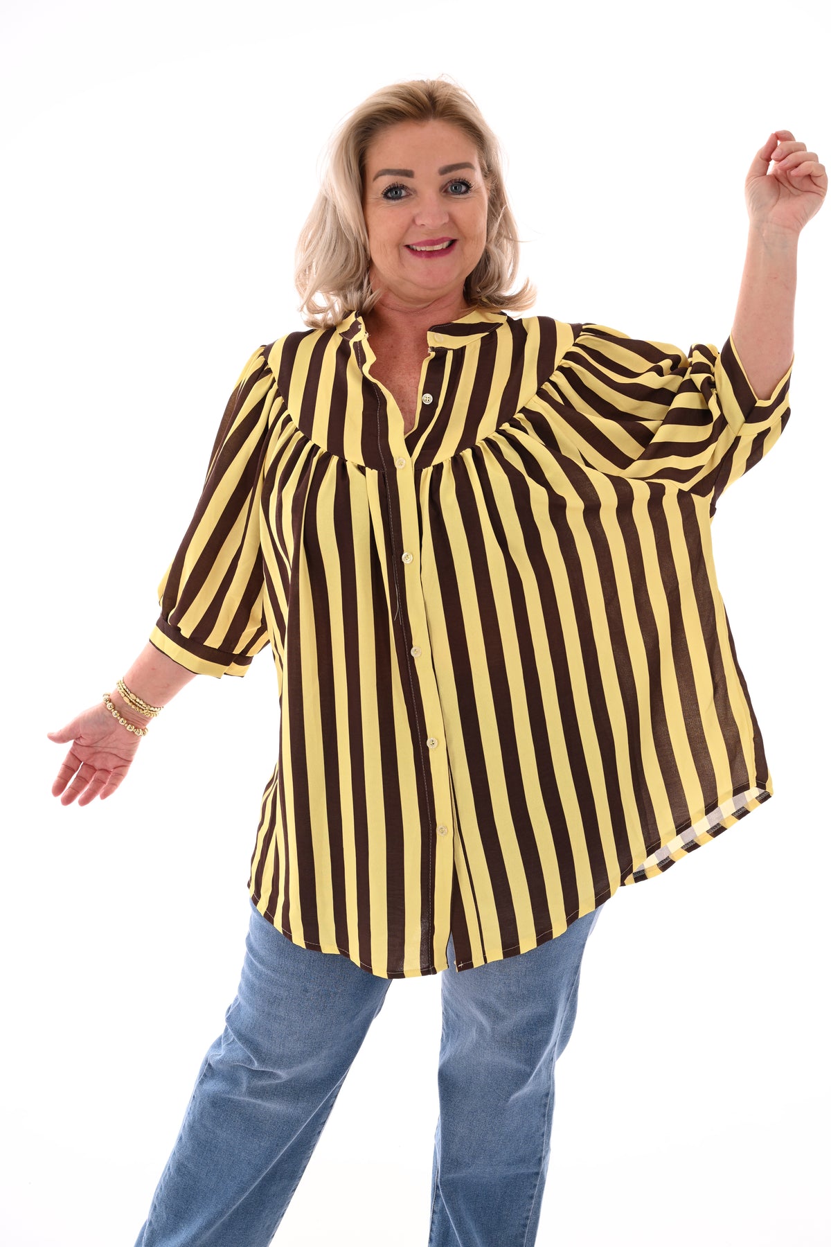 Doorknoop blouse pofmouwen strepen geel/donkerbruin