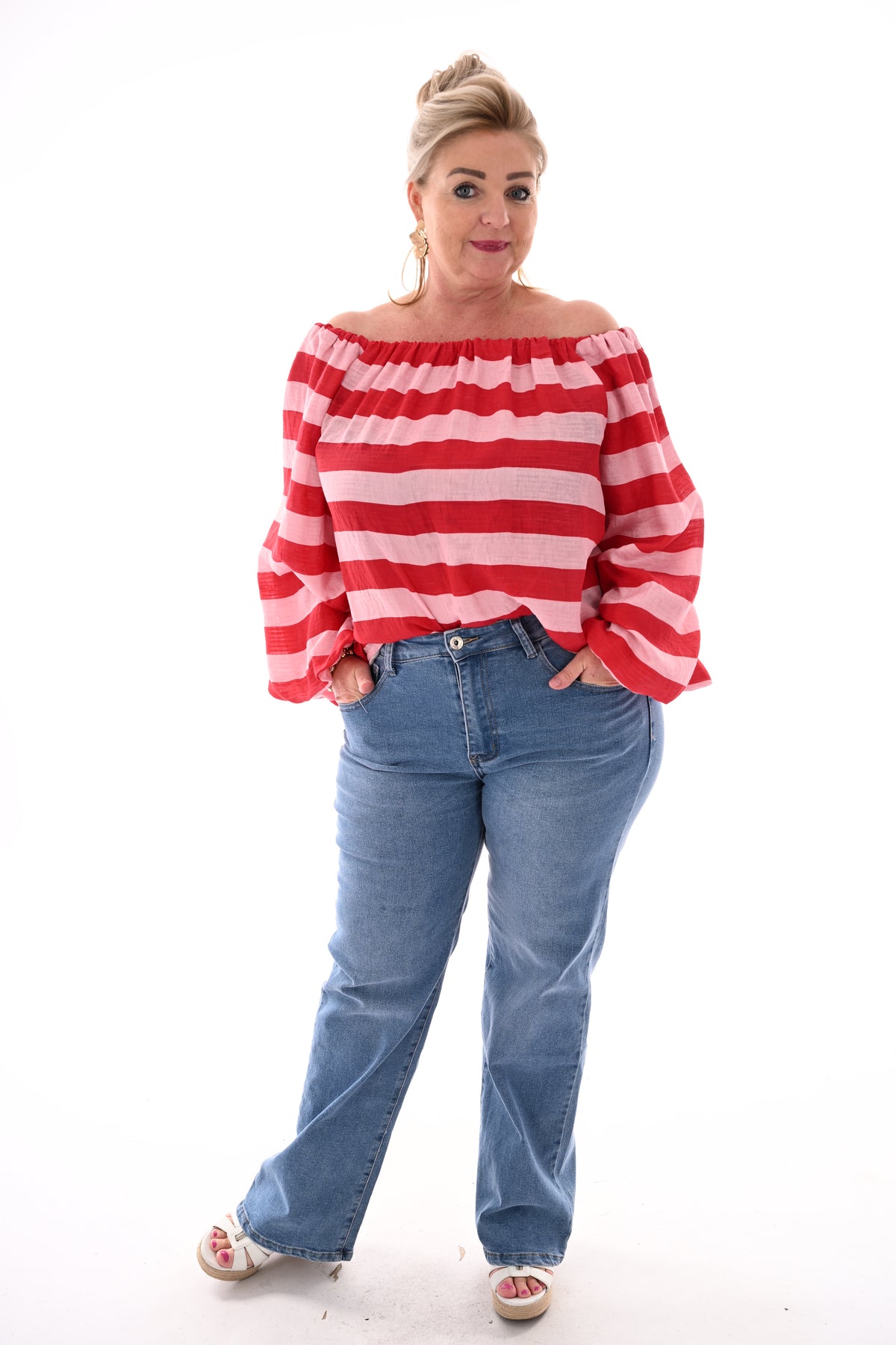 Off-shoulder top horizontale strepen rood/lichtroze