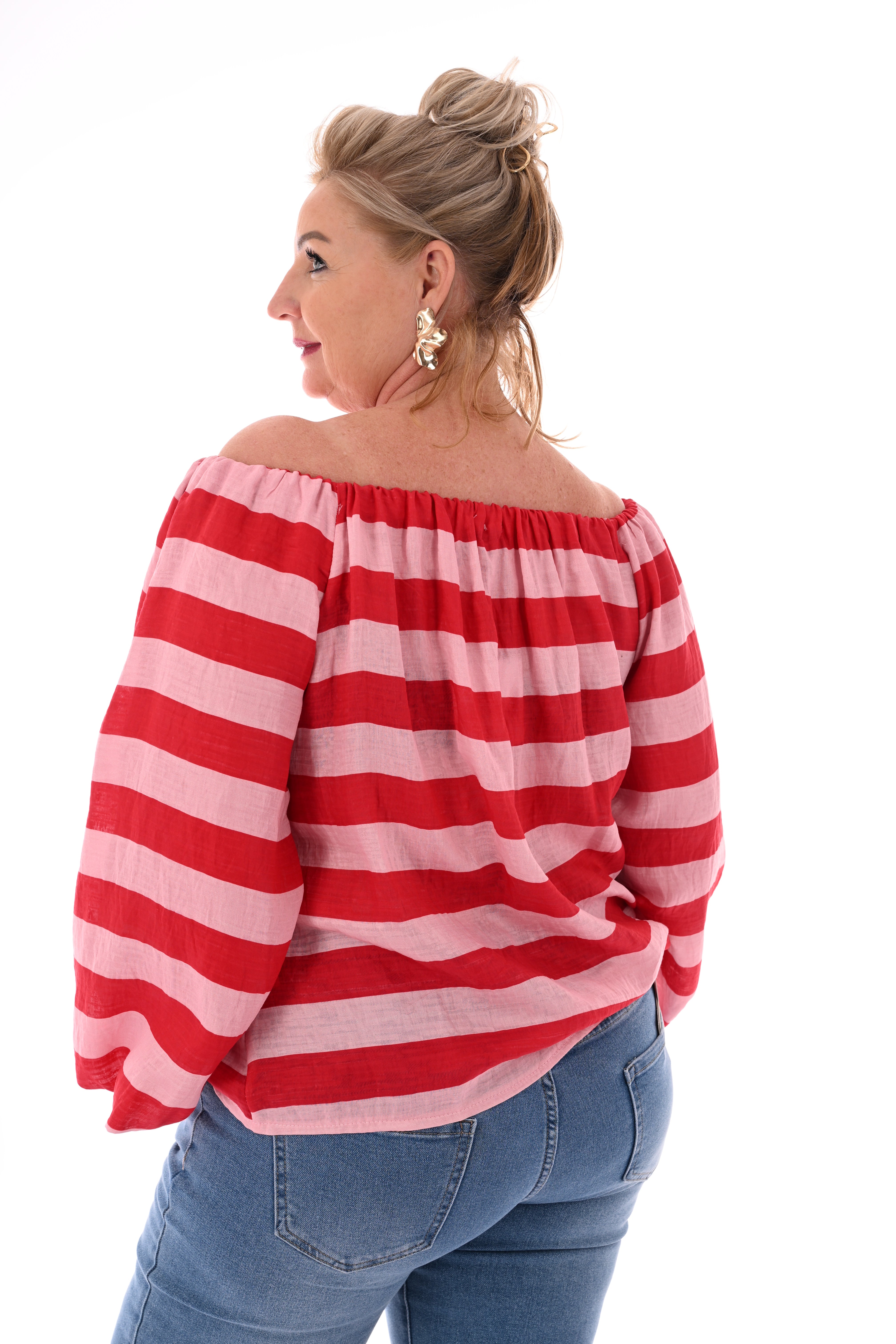 Off-shoulder top horizontale strepen rood/lichtroze