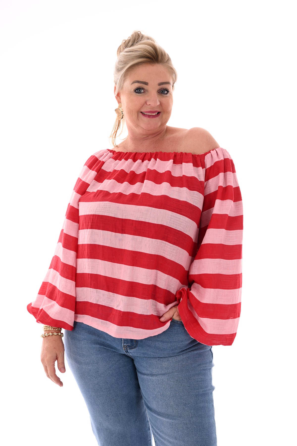Off-shoulder top horizontale strepen rood/lichtroze