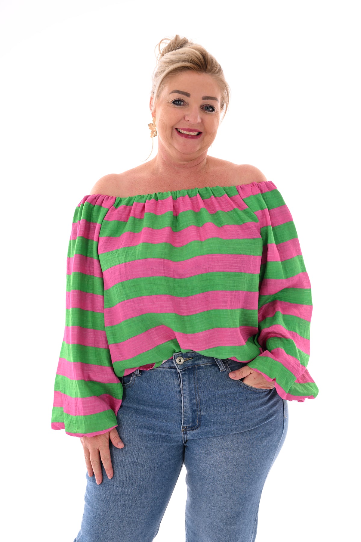 Off-shoulder top horizontale strepen groen/donkerroze