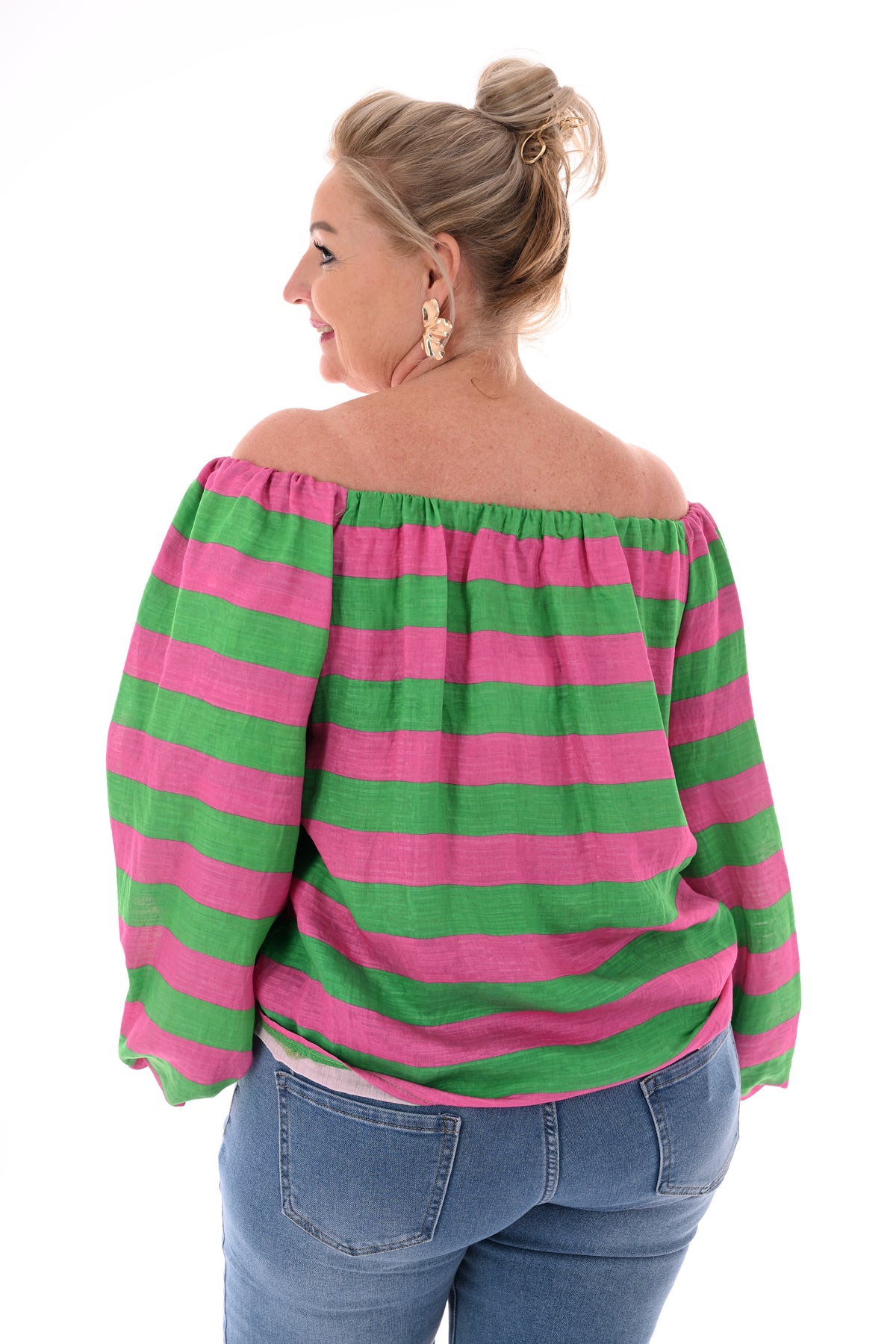 Off-shoulder top horizontale strepen groen/donkerroze