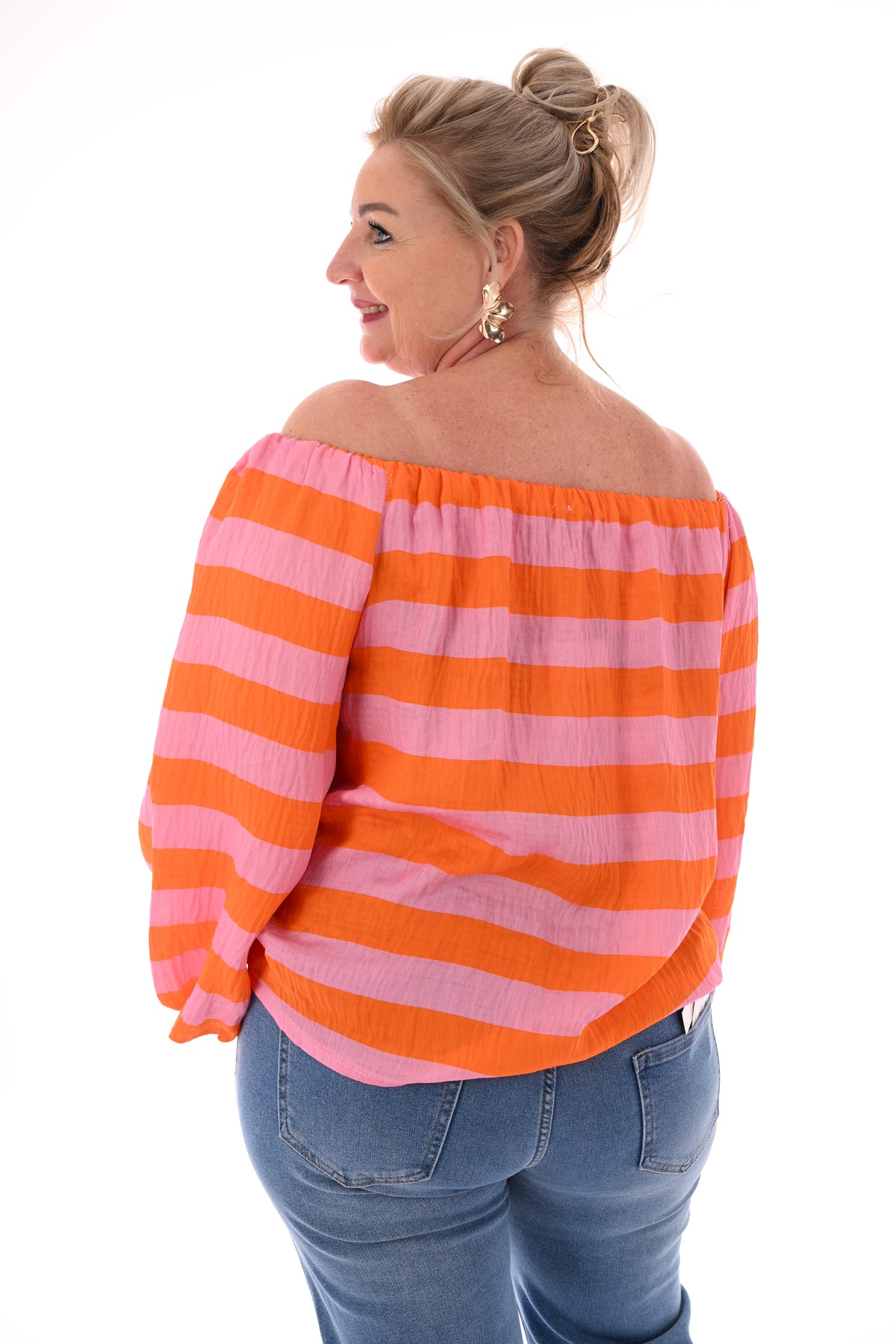 Off-shoulder top horizontale strepen lichtroze/oranje