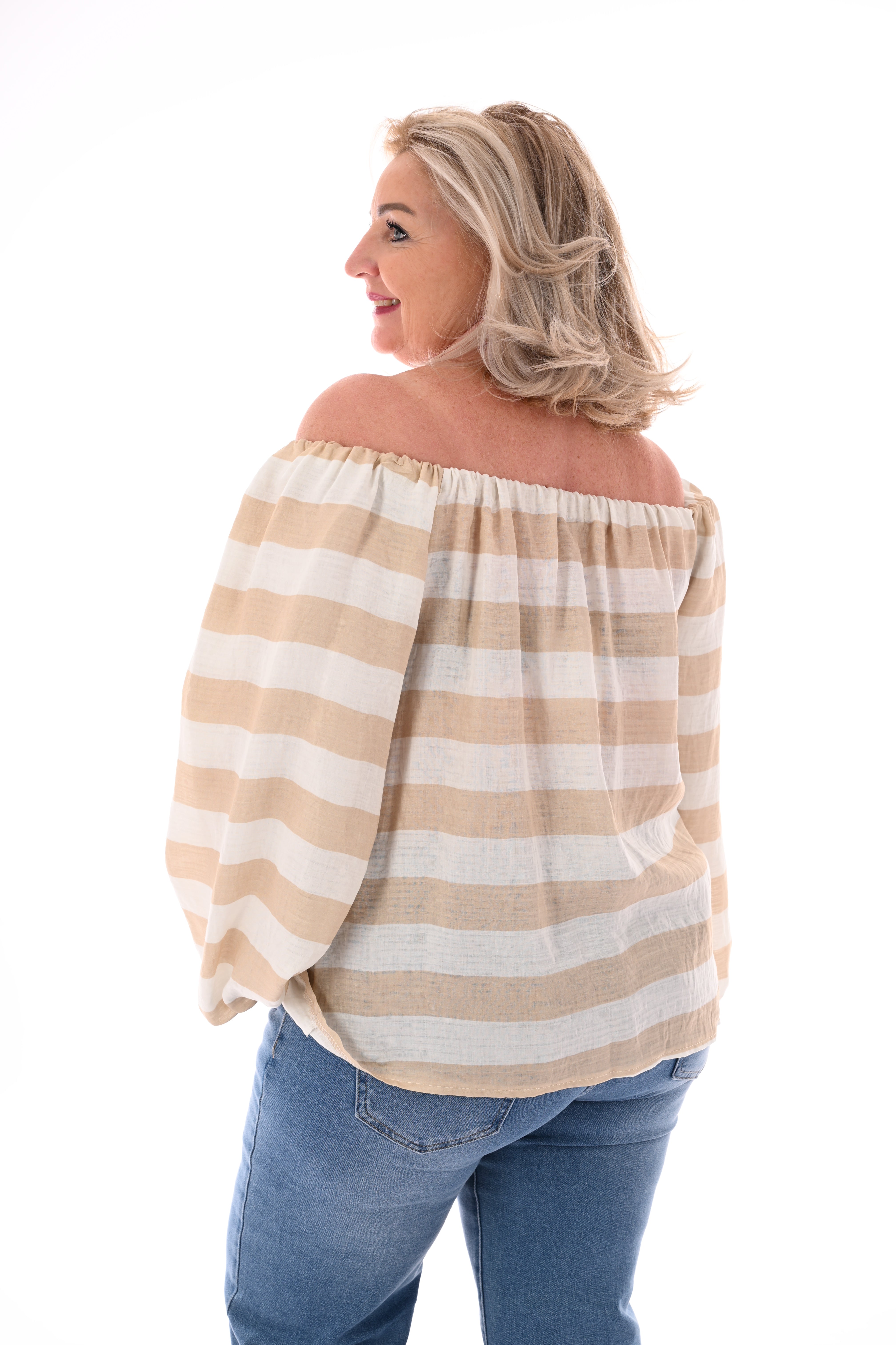 Off-shoulder top horizontale strepen beige/roomwit