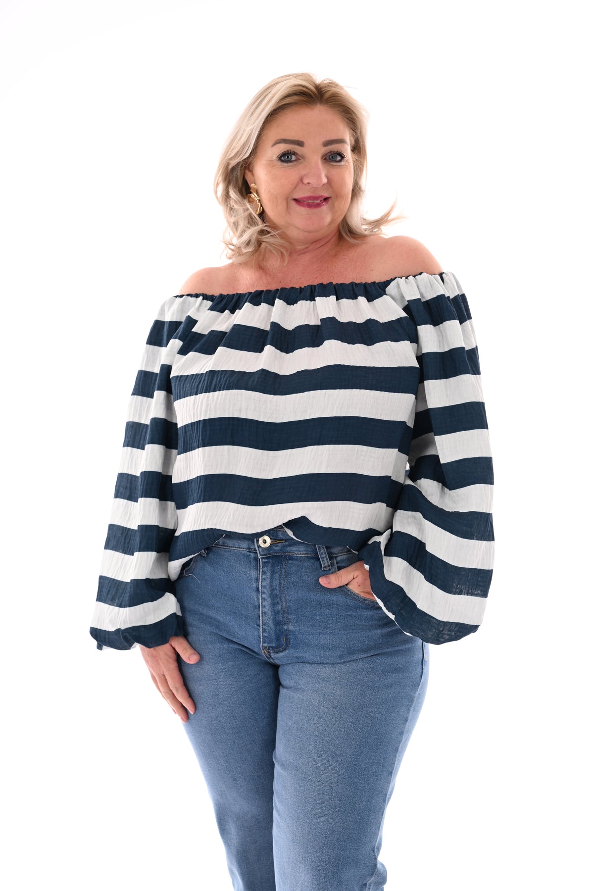 Off-shoulder top horizontale strepen marineblauw/roomwit