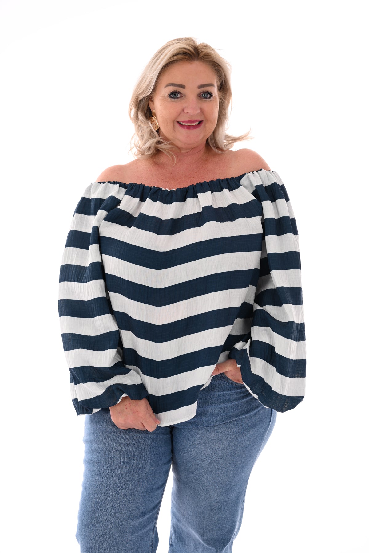 Off-shoulder top horizontale strepen marineblauw/roomwit