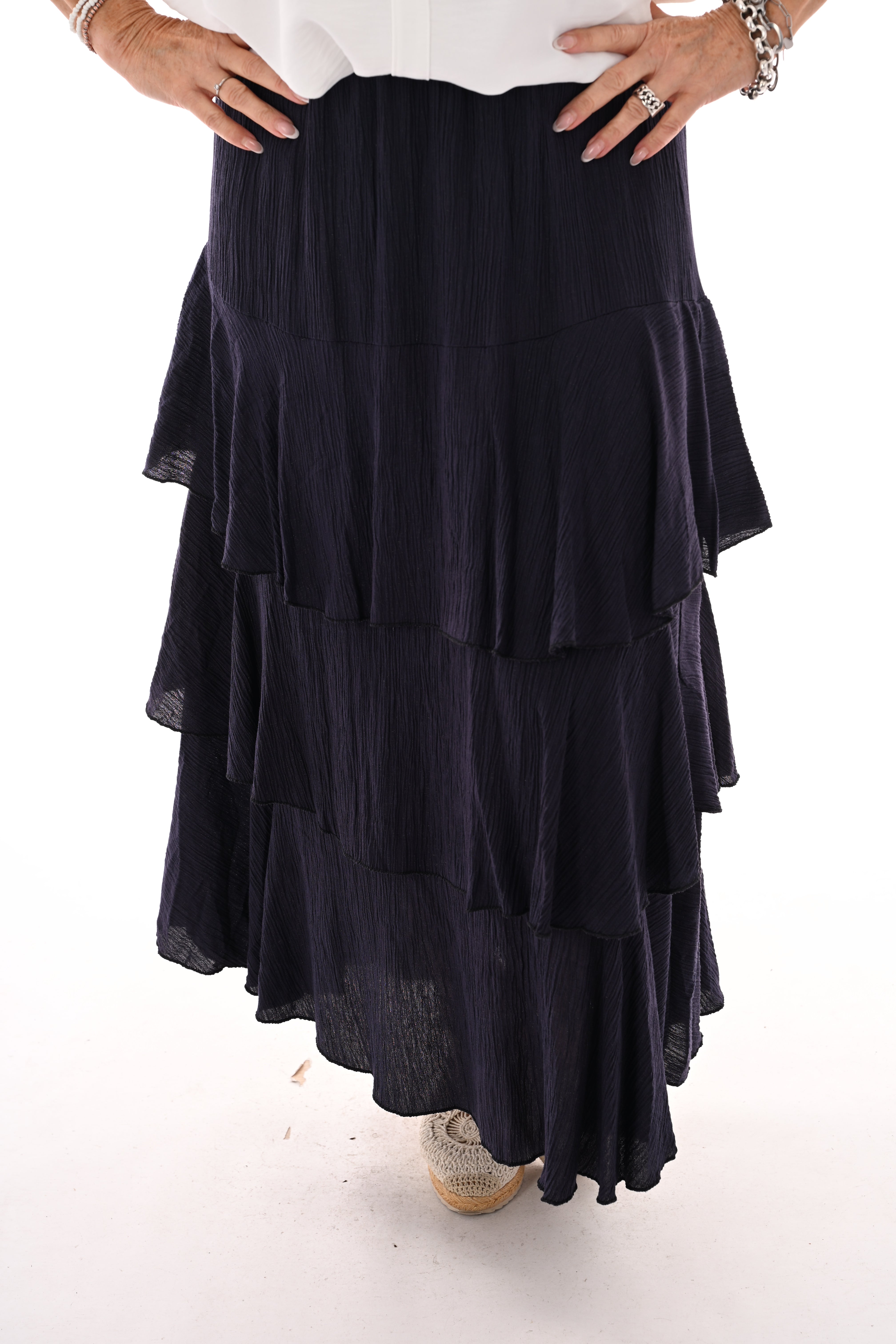 Lange rok met volantlagen marineblauw