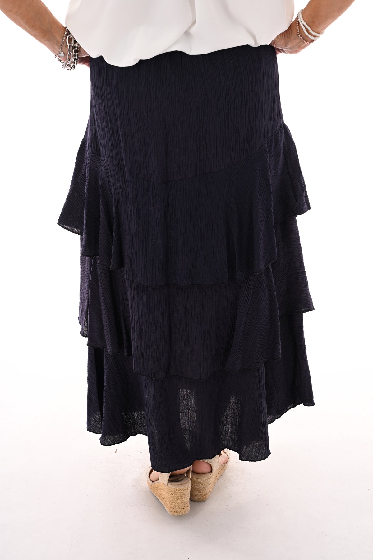 Lange rok met volantlagen marineblauw